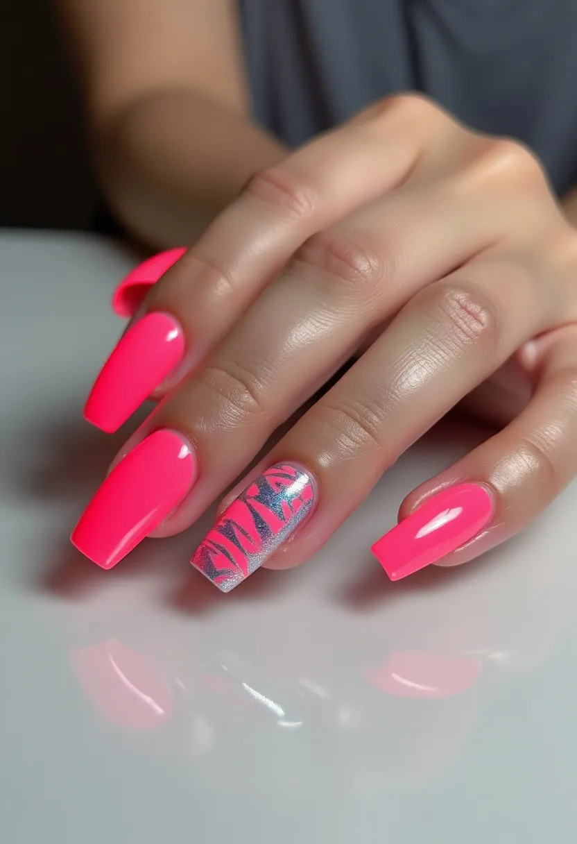 The nail design features a vibrant color palette predominantly consisting of a neon pink shade. The nails have a coffin or ballerina shape, creating an elongated and elegant appearance. Each nail, except for the ring finger, is coated with the vibrant neon pink polish, likely indicating a gel or acrylic treatment due to the glossy and smooth finish. The ring finger stands out with a silver glitter base, adorned with intricate pink zebra stripes, adding a striking contrast and artistic flair to the overall look. This design could complement summer or festive celebrations, where bold and eye-catching nails are often favored.