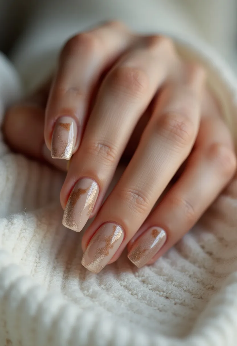 This nail design features a blend of warm neutral tones, primarily using shades of beige and brown. The nails are shaped in a sleek, medium-length square profile, providing a sophisticated and modern look. Each nail showcases an intricate marbled pattern, meticulously created to blend the various hues seamlessly, giving an impression of natural stone. The nails appear to be treated with a glossy finish, likely achieved through gel manicure, enhancing the durability and shine of the design. The choice of colors and the subtle marbling effect lend a classy and elegant vibe suitable for a range of seasonal themes, including autumn, due to the warm and earthy color palette.