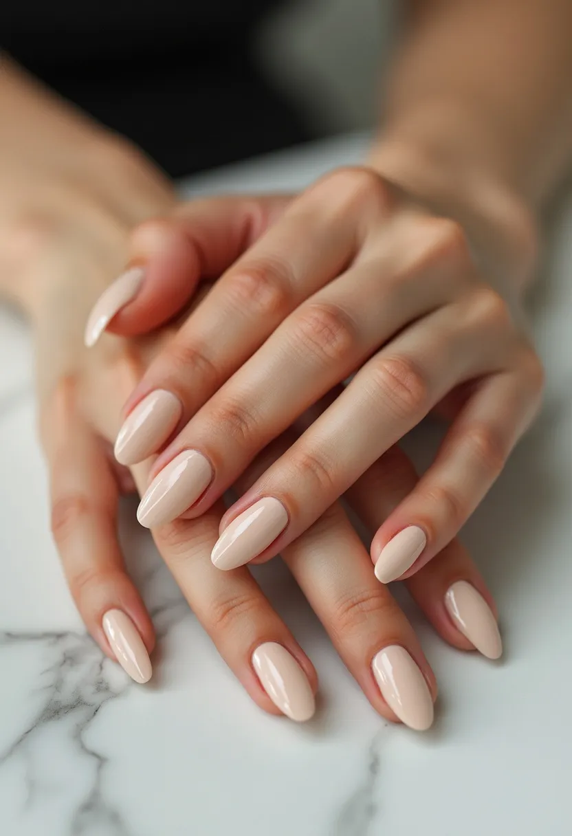 The nail design features a soft, nude color palette, providing a sophisticated and elegant look. The nails are almond-shaped, which elongates the fingers and adds a subtle touch of glamor. The treatment appears to be a gel application, evident from the high-gloss finish and smooth texture. There are no intricate patterns or decorations, emphasizing simplicity and elegance. The neutral tones and minimalist design make this nail style suitable for any season or occasion, adding a classic and polished aesthetic to the overall look.