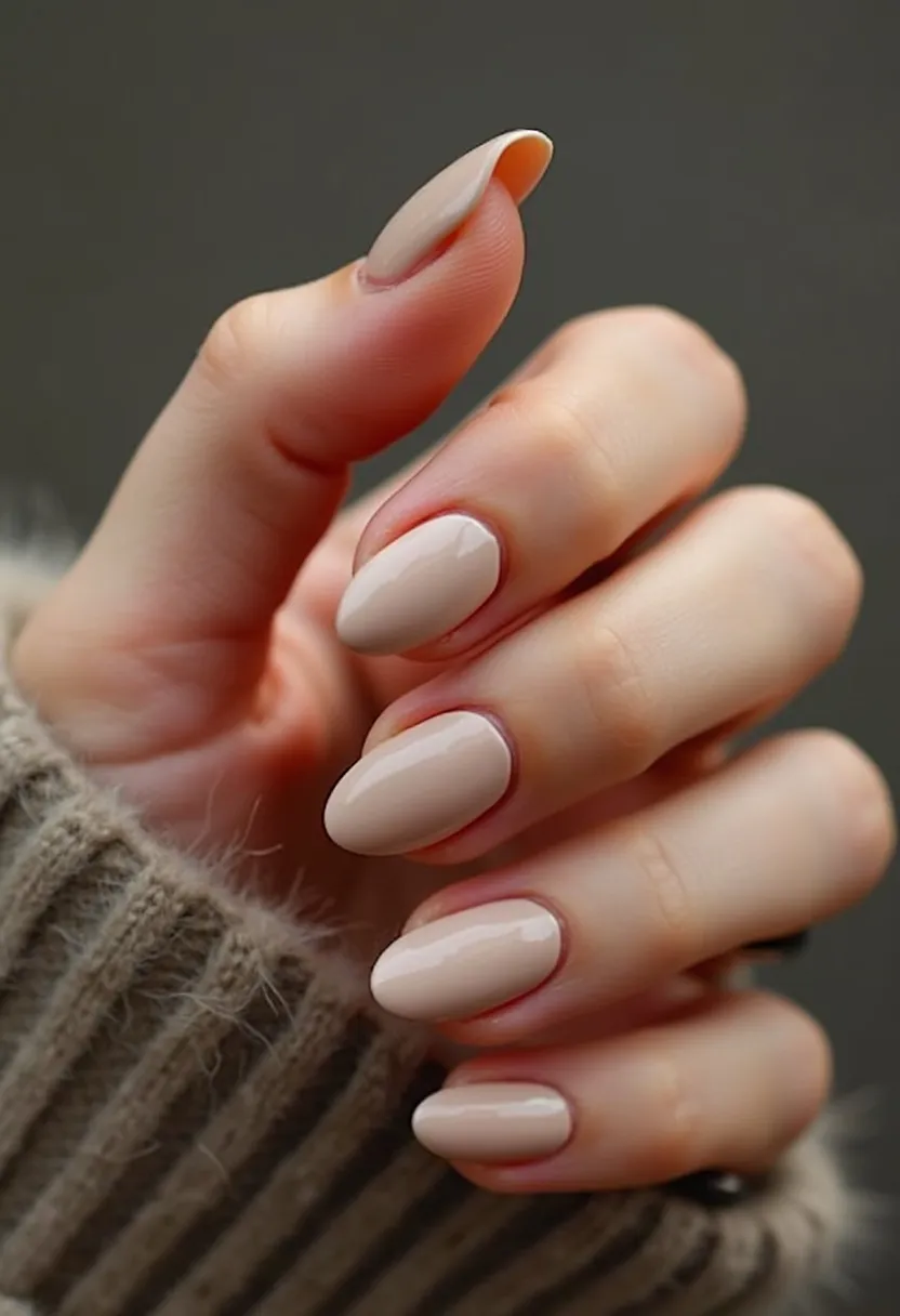 The nail design features a monotone color palette with a soft, nude beige shade. The nails are shaped in an almond style, which gives them an elegant and tapered look. The finish appears glossy, suggesting the use of a gel or shellac treatment for a long-lasting, shiny effect. There are no intricate patterns or decorations, keeping the design minimalistic and classic. The simplicity and neutral color make it suitable for any season or special occasion, offering a sophisticated and timeless aesthetic.