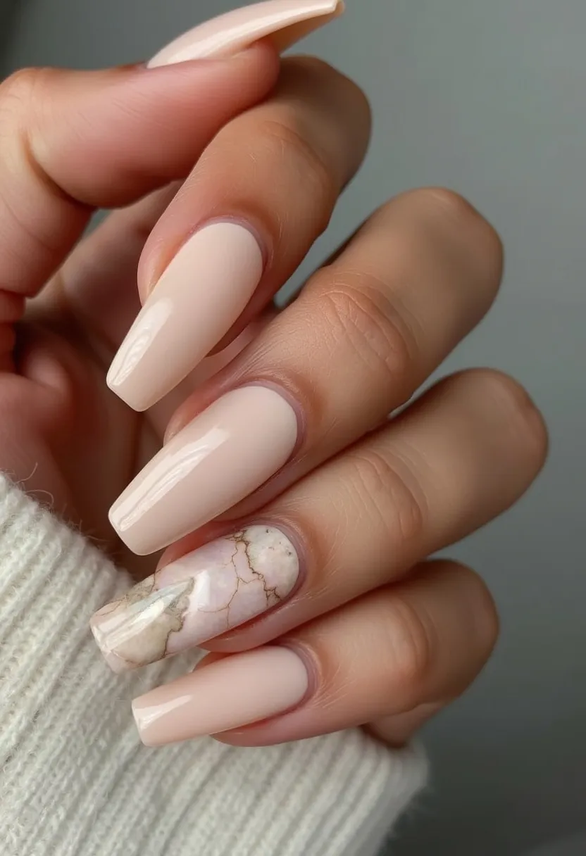 The nail design features a cohesive and soft color palette with shades of light nude beige. The nails are shaped in a medium to long coffin or ballerina style, which provides an elegant and elongated look. The design includes a standout accent nail on the ring finger, adorned with a delicate marbled pattern in neutral tones, adding a touch of sophistication and visual interest. The glossiness of the finish indicates the use of gel nails, which offers both durability and a high-shine surface. This design is timeless and versatile, suitable for any season or special event, from casual outings to formal occasions. The marbled effect adds a unique, high-end detail without overwhelming the overall minimalist aesthetic.