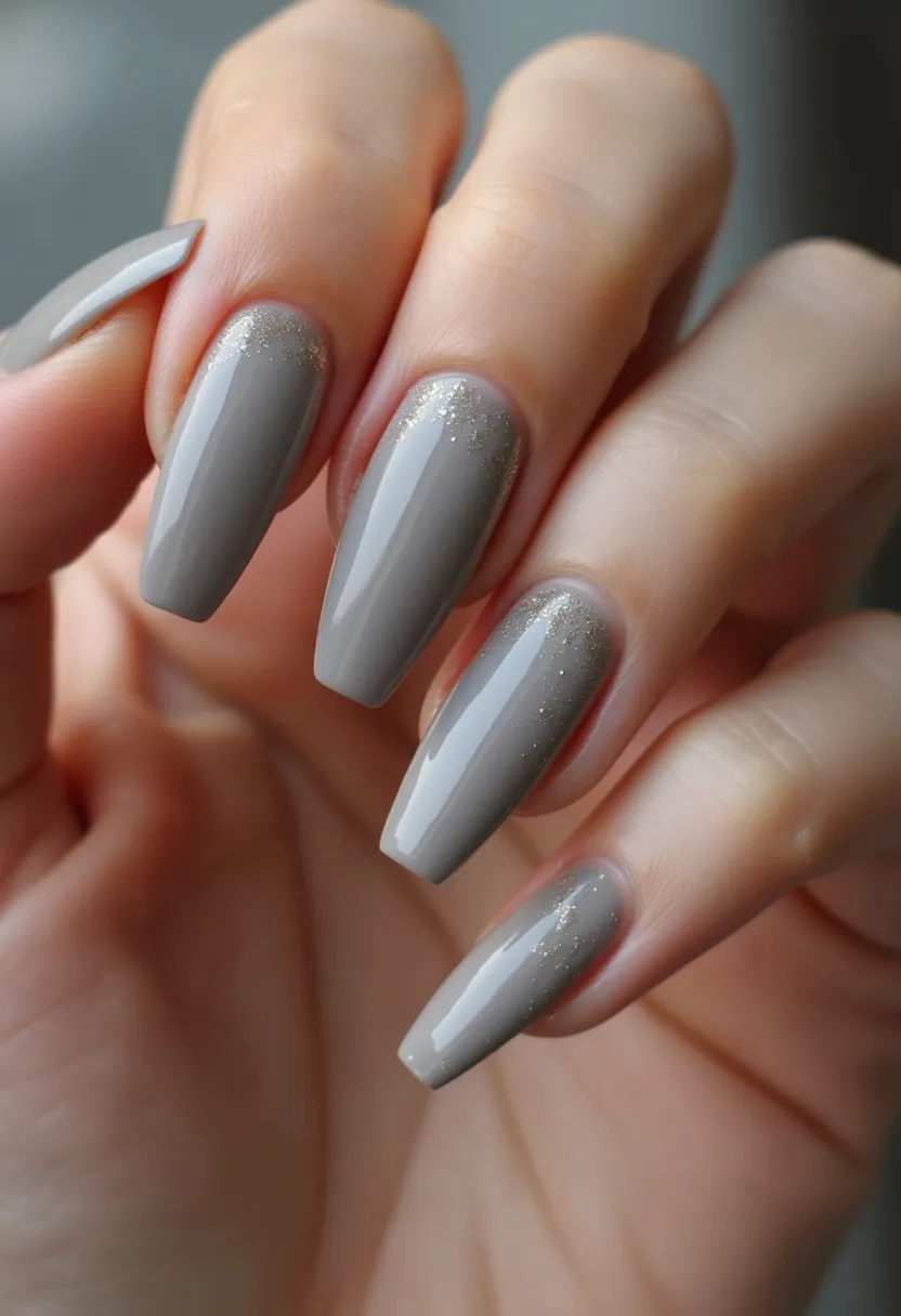 The nail design showcases an elegant and sophisticated aesthetic with a taupe color palette. The nails are long and shaped into a sharp, tapered coffin shape, delivering a modern and edgy look. The taupe base color is complemented with a subtle glitter gradient near the cuticles, adding a touch of sparkle and glam. This intricate detail suggests the use of gel, providing a glossy and durable finish that is perfect for the design's smooth and flawless appearance. The combination of neutral tones with a hint of shimmer makes this design suitable for a variety of seasons, but it can be particularly fitting for the fall and winter months, or for special occasions requiring a polished yet understated look.