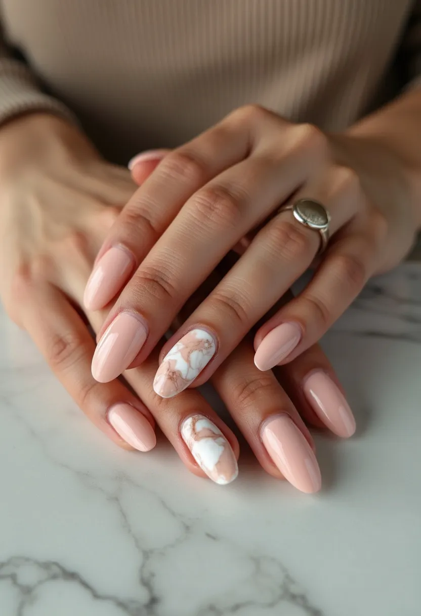 The nail design features a soft, pastel pink color palette predominantly covering the majority of the nails. The nails are shaped in an almond style, offering a sleek and elegant appearance. Two accent nails on each hand display a sophisticated marble effect, blending white and beige tones for an artistic touch. The treatment appears to be gel polish, which provides a glossy finish and durability. This design exudes a timeless and classy look, suitable for various occasions, from casual outings to formal events, and can be particularly appealing for spring or summer seasons due to its light and airy aesthetic.