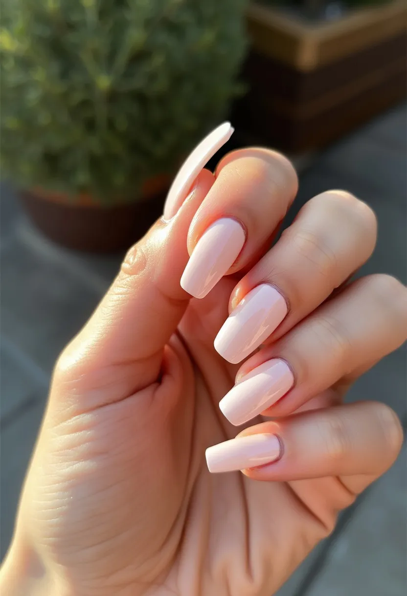 The nail design features a soft pastel pink color palette, giving a subtle and elegant look. The nails are shaped in a square-coffin hybrid, offering a modern yet classic appearance. The treatment appears to be either gel or acrylic, indicated by the smooth and glossy finish. There are no intricate patterns or additional decorations, allowing the focus to remain on the uniform color and shape of the nails. This design is versatile, making it suitable for any occasion, from everyday wear to formal events, and could seamlessly transition through various seasons, particularly spring and summer.