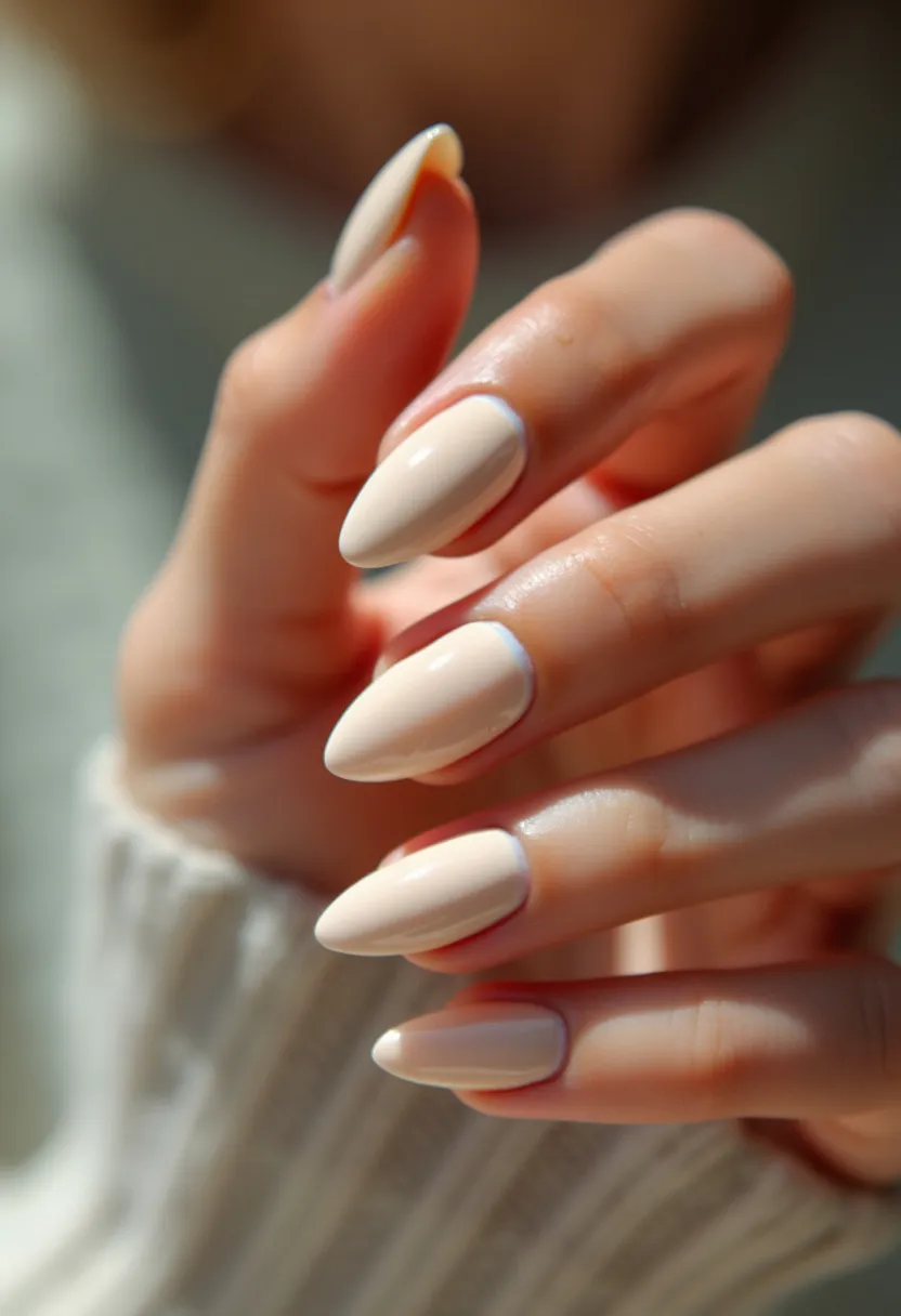 The nail design features a sleek, elegant aesthetic with a nude or beige color palette, providing a sophisticated and understated look. The nails are shaped in an almond form, which elongates the fingers and emphasizes a graceful appearance. The polish appears to have a high-gloss finish, indicative of a gel treatment, ensuring a durable and long-lasting wear. There are no additional patterns or decorations, allowing the simplicity and cleanliness of the color and shape to stand out. This design is versatile and fitting for various occasions, from everyday wear to formal events, and can complement any seasonal wardrobe.