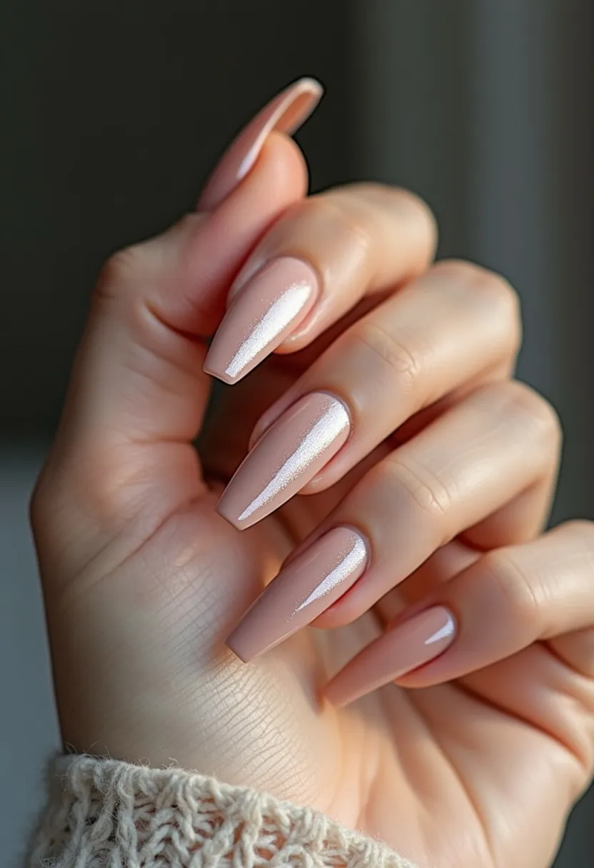 The nail design features a refined color palette of soft, nude pink hues with a glossy finish, indicative of a sophisticated yet understated look. The nails are shaped into a long, square coffin style, which adds to a more dramatic and elegant appearance. Each nail appears to be treated with a shimmery top coat, giving them a radiant and polished finish, suggesting the use of gel or shellac for durability and shine. The design lacks intricate patterns or decorations, embracing simplicity and elegance, making it versatile for various occasions, from everyday wear to formal events. This timeless and chic manicure is suitable for anyone seeking a minimalist yet stylish nail look.