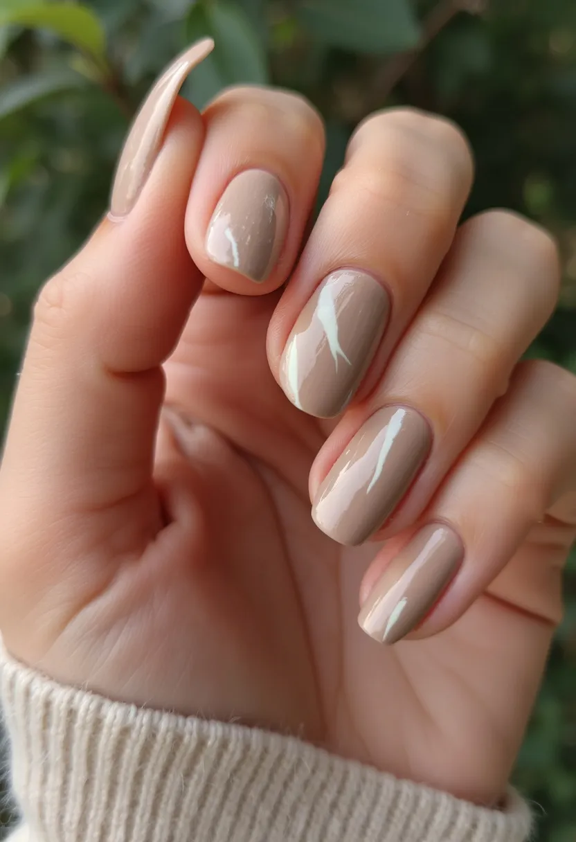 This nail design features a neutral color palette primarily composed of a light taupe or beige shade, creating a sophisticated and understated look. The nails are slightly elongated with a natural oval shape that complements the simplicity of the design. The polish appears to be a high-gloss finish, suggesting a gel or shellac treatment for added durability and shine. Subtle and delicate white leaf-like patterns adorn a few of the nails, adding an elegant and intricate touch to the overall design. The muted color scheme and minimalistic decoration make this nail design versatile, suitable for both everyday wear and special occasions that embrace understated elegance, potentially highlighting a fall or winter seasonal theme.