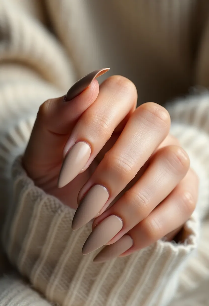 The nail design features a neutral and sophisticated color palette, predominantly in a soft, beige nude tone. The nails are elongated and shaped into a stiletto style, with pointed tips that enhance the elegant look. The finish appears to be smooth and glossy, indicative of a gel treatment that provides a sleek and polished appearance. There are no intricate patterns or additional decorations, maintaining a classic and minimalist aesthetic. This design is versatile and suitable for a range of occasions, from daily wear to formal events, and its understated elegance makes it fitting for any season, providing a timeless and refined look.