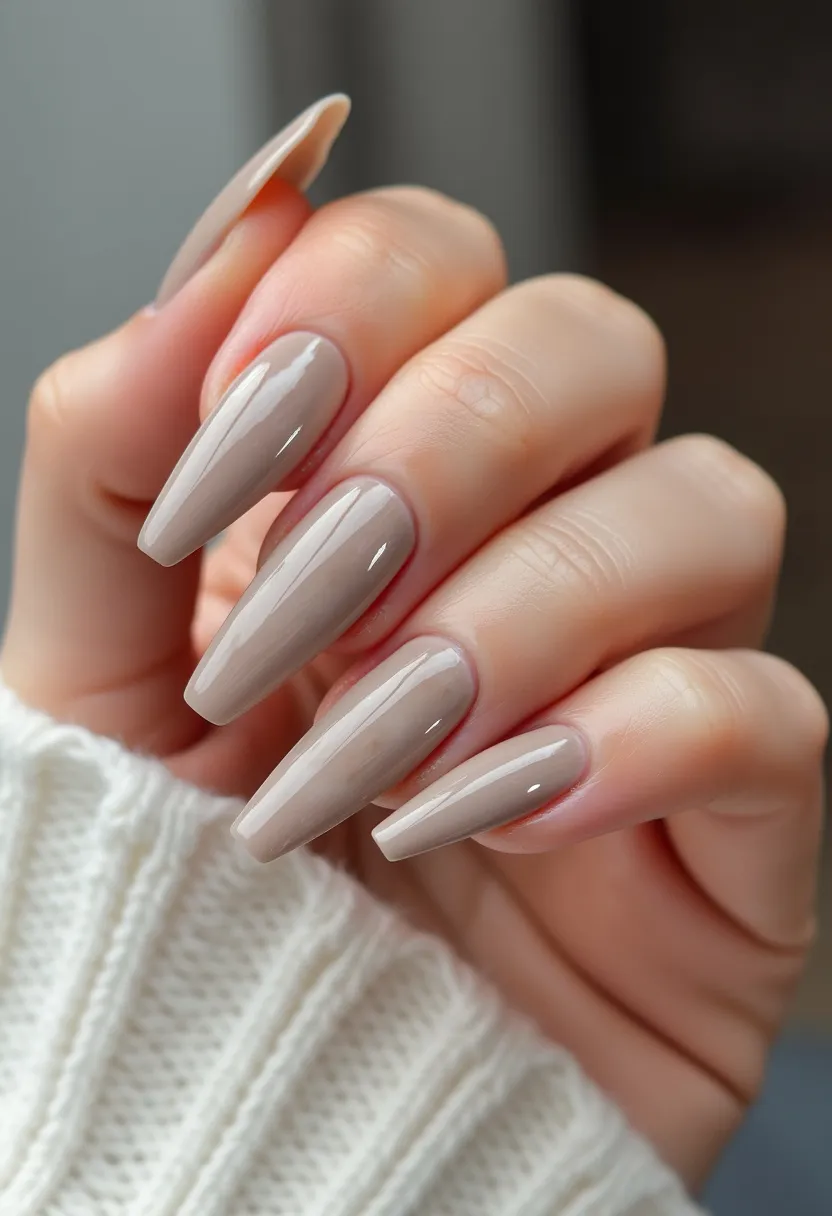 The nail design features a long, tapered shape that is reminiscent of a coffin or ballerina style. The chosen color palette is a sophisticated, neutral beige or taupe tone with a glossy finish, suggesting a gel or shellac treatment for its smooth and shiny appearance. The nails are uniform in color, creating a sleek and elegant look without any additional intricate patterns or decorations. This design is versatile and suitable for various occasions, from daily wear to more formal events. The neutral tone and simple elegance could also be fitting for seasonal wear, particularly transitioning between seasons like autumn and winter.