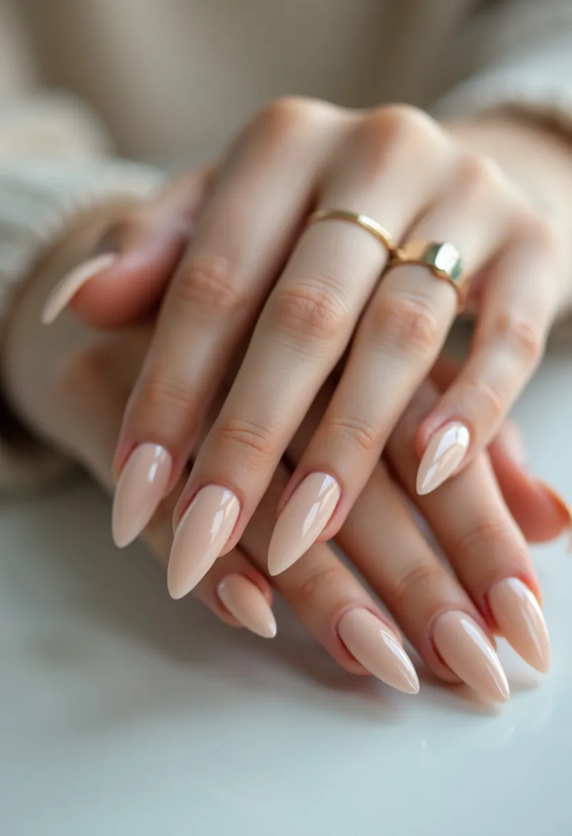 The nail design features a chic and elegant look with a nude color palette, showcasing a soft, light beige shade. The nails are shaped into a stylish almond form, lending a sophisticated and elongated appearance to the fingers. The surface of the nails is impeccably smooth and glossy, indicating a gel or shellac treatment that enhances both the durability and shine of the manicure. The design is minimalist, with no additional patterns or decorations, making it versatile for any occasion, from everyday wear to formal events. This nail design suits any season, providing a timeless and classic aesthetic.