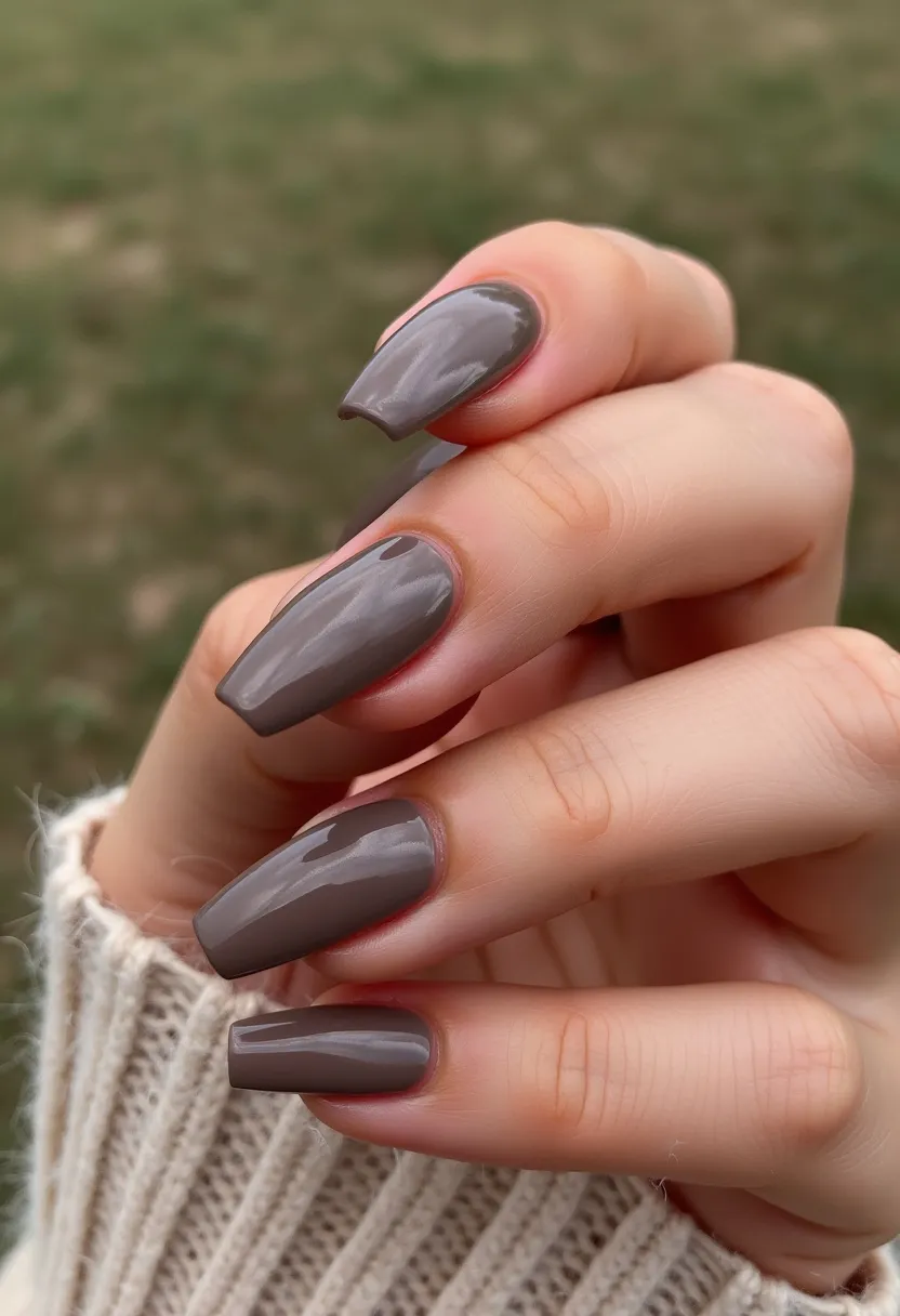 The nail design showcases a muted taupe color palette, lending a sophisticated and understated appearance. The nails have a long, square shape, providing a classic and elegant look. The polish appears to be a smooth gel treatment, maintaining a sleek and glossy finish without any intricate patterns or decorations. This minimalist style exudes versatility, making it suitable for any season or occasion, from formal events to casual outings.