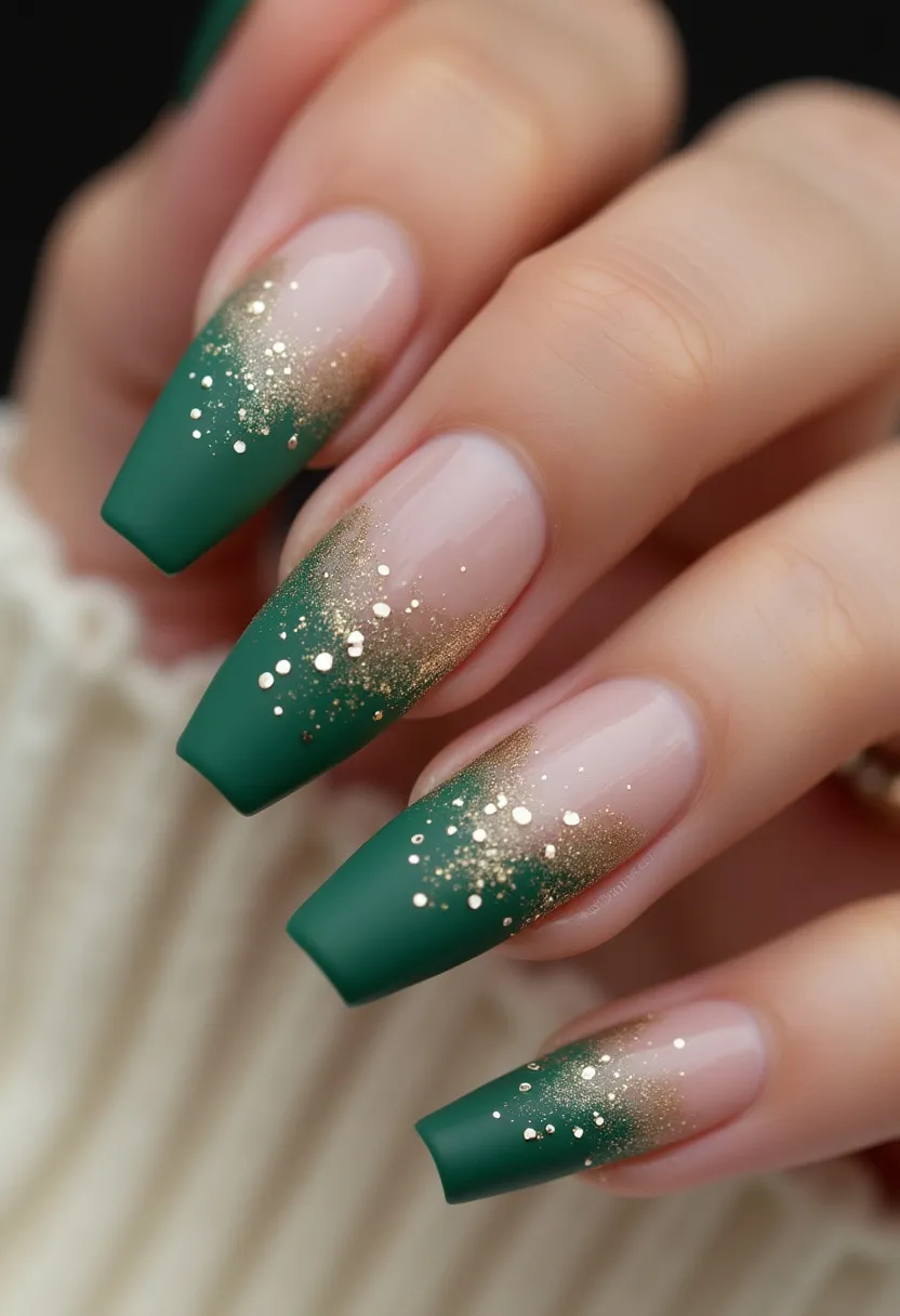 The nail design features a sophisticated emerald green and gold color palette. The nails are shaped in a long, coffin style, and appear to be treated with gel polish, given their glossy and durable finish. Each nail showcases an intricate ombre effect, where the green gradually fades into a natural nude tone near the cuticle. The design is further accentuated with delicate gold glitter, creating a festive and elegant look. This design is perfect for the holiday season, providing a touch of glamour and sophistication suitable for special occasions.