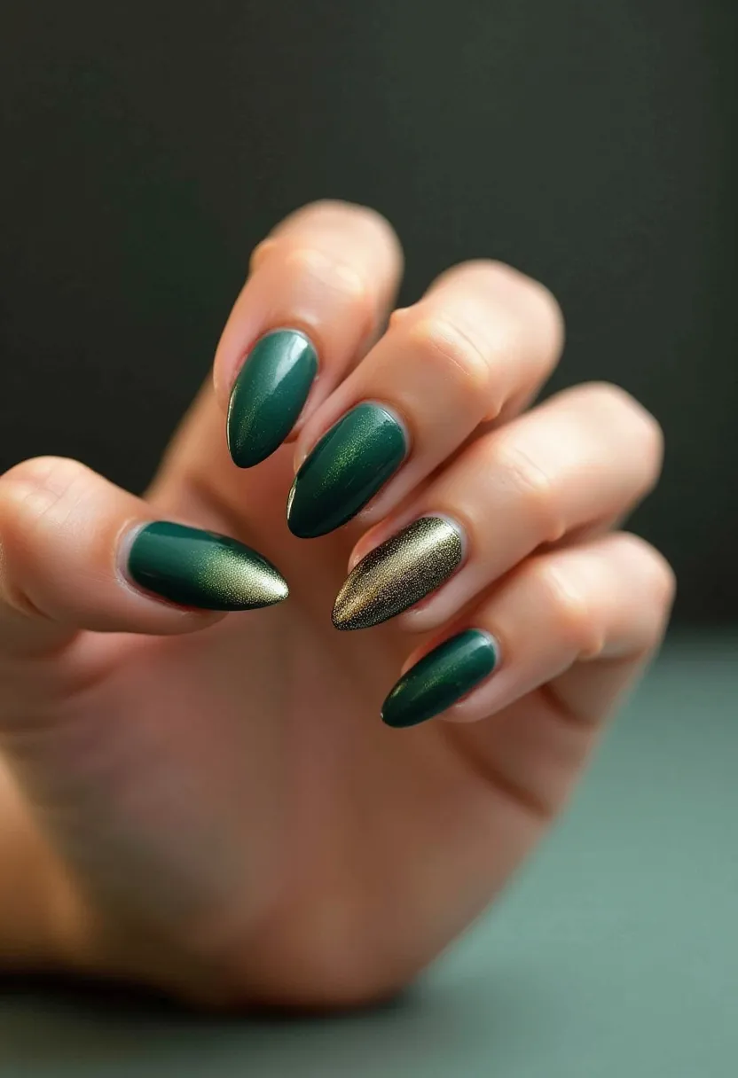 The nail design features a rich, dark green color palette with a metallic sheen, enhanced by an accent nail adorned with a shimmering gold gradient. The nails are shaped into a stylish almond form, adding elegance to the overall look. The finish appears to be a gel treatment, giving the nails a glossy and durable appearance. The metallic and shimmery gold detail on the accent nail introduces a festive and glamorous element, making this design suitable for special occasions or holiday seasons. The combination of dark green and gold enhances the sophistication and luxury of the manicure.