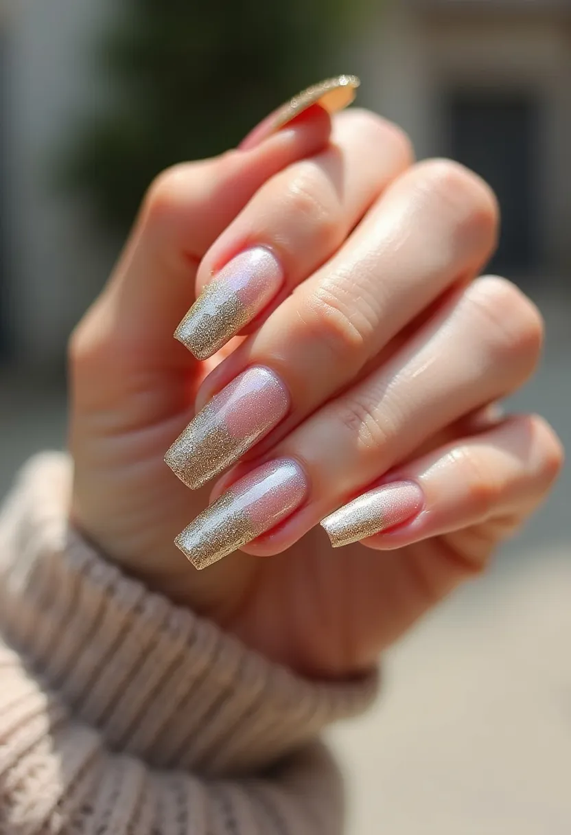 The nail design showcases a sophisticated gradient of shimmery gold transitioning into a soft, iridescent pink base. The nails are shaped into a squared coffin style, providing a clean yet bold look. The treatment appears to be a gel application, characterized by its high gloss and smooth, glossy finish. The gradient effect adds an element of elegance, making these nails suitable for festive occasions or holiday seasons. The blend of the gold glitter with the subtle pink base exudes a glamorous and festive vibe, hinting at celebrations or special events.