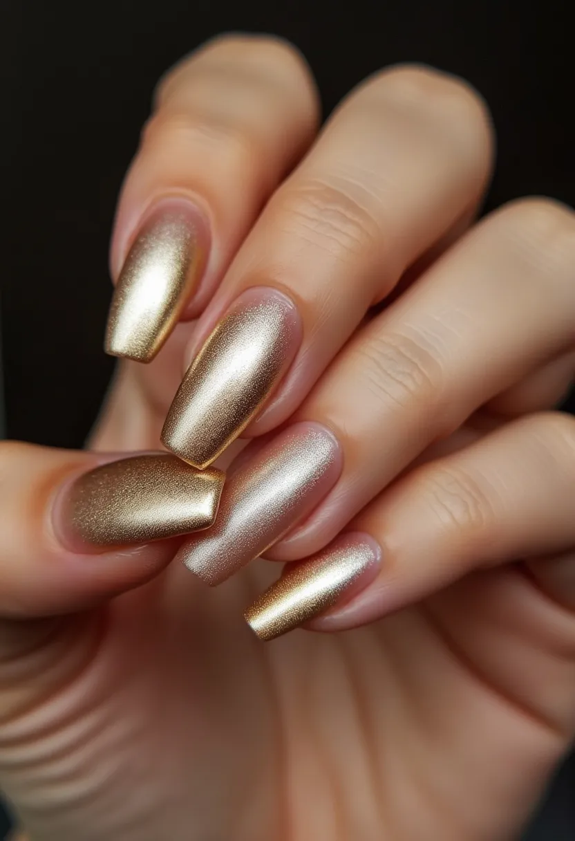 The nail design showcased features a palette of metallic golden hues, giving a luxurious and sophisticated appearance. The nails are sculpted in a coffin or ballerina shape, which is characterized by a tapered end with a squared-off tip. The high-shine finish suggests that the treatment used is likely gel or shellac, known for their glossy and durable qualities. There are no intricate patterns or additional decorations, allowing the metallic gold color to stand out as the primary focus of the design. The elegant and festive look of the nails makes them suitable for special occasions like weddings, parties, or holiday celebrations, exuding a timeless and stylish appeal.