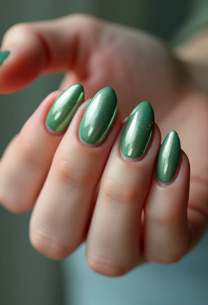 The nail design features a rich green metallic color palette, creating a striking and bold appearance. The nails are shaped into a rounded almond form, which elongates the fingers and adds a touch of elegance. The nails exhibit a smooth, glossy finish, indicative of a gel treatment, which enhances the vibrancy and durability of the color. There are no additional intricate patterns or decorations, as the metallic sheen itself serves as the primary decorative element. The design exudes a sophisticated and versatile look, suitable for various occasions but particularly resonant with the festive atmosphere of the holiday season.