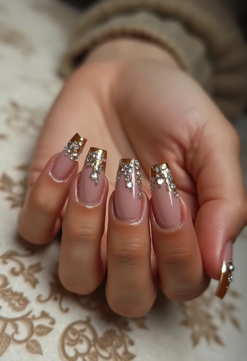 The nail design features a nude color palette with a subtle yet elegant shade of pinkish-beige as the base color. The nails are long and square-shaped, providing a sophisticated canvas for the intricate decorations. The tips are adorned with a gold metallic accent, which adds a luxurious touch, and the design is further embellished with small rhinestones that form a cascading pattern from the gold tips. This gives the nails a sparkling, glamorous appearance, suitable for special occasions like a wedding or holiday event. The finish and shine suggest a gel or acrylic treatment, ensuring durability and a glossy, high-end look.