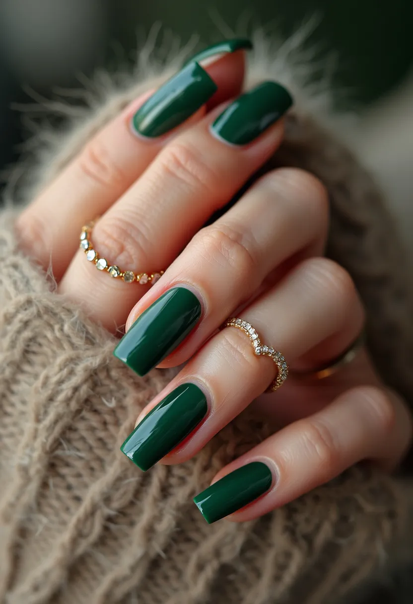 The nail design features a rich, dark green color palette that exudes elegance and sophistication. The nails are long and shaped in a classic square form, providing a modern yet timeless look. The finish on the nails appears to be glossy, indicative of a gel treatment which adds a brilliant shine and longer-lasting wear. There are no intricate patterns or additional decorations, allowing the depth of the green shade to take center stage. This design could be well-suited for the winter season or festive occasions, given its deep and lush hue, reminiscent of evergreen foliage. The nails are accessorized with delicate gold rings, adding a touch of glamour to the overall aesthetic.