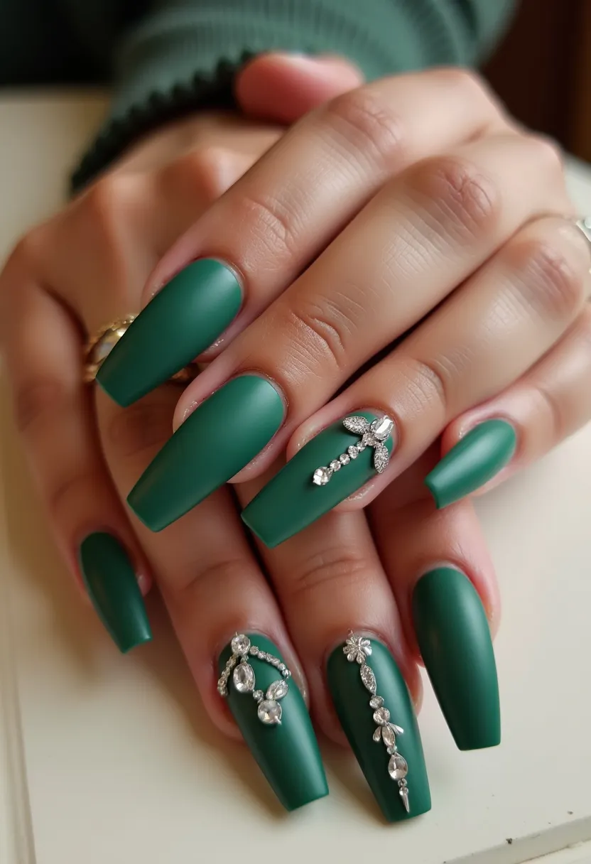 The nail design features a matte green color palette, providing a sophisticated and bold look. The nails are shaped in a long coffin or ballerina style, which accentuates the elegant design. Intricate decorations include sparkling rhinestones and silver embellishments arranged in patterns resembling vines or jewelry, adding a touch of glamour and intricacy. The design likely uses gel treatment due to the smooth finish and the durability suggested by the detailed decorations. The aesthetic appears suitable for festive or formal occasions, such as holidays or special events, with its luxurious and meticulously crafted details that enhance the overall appearance.