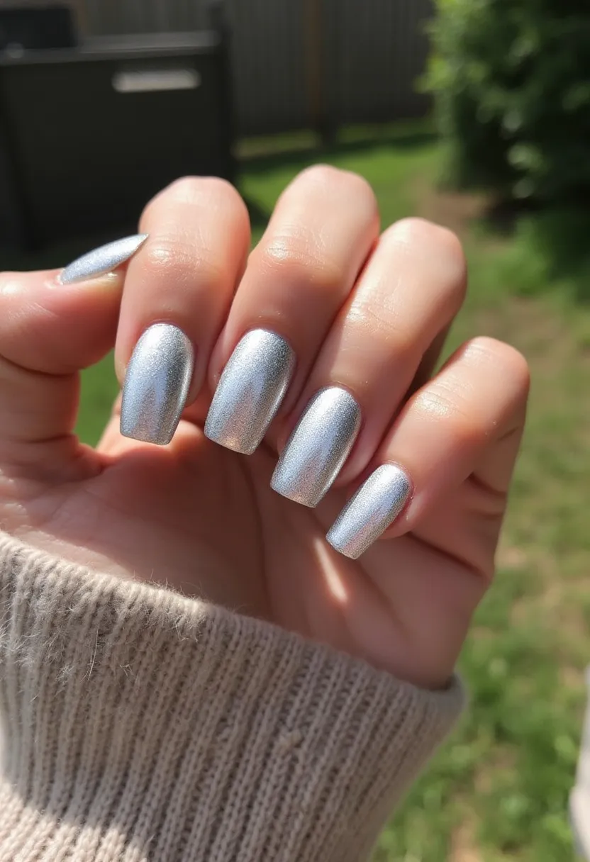 The displayed nail design features a striking silver metallic color palette, lending a sleek and modern appearance. The nails are shaped into a medium-length coffin form, providing a trendy and stylish look. The design does not involve any intricate patterns or decorations, keeping the focus on the glossy, reflective quality of the silver polish. The type of nail treatment appears to be gel, which is known for its durability and high-shine finish. There are no unique details or seasonal themes present, making the design versatile and suitable for any occasion.