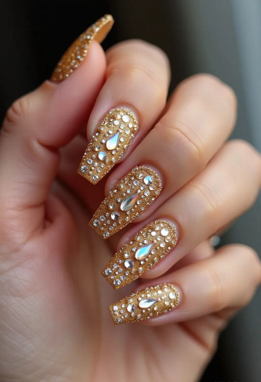 This nail design showcases a dazzling, luxurious aesthetic perfect for a glamorous event or special occasion. The nails are a coffin shape, meticulously polished with a gleaming metallic gold hue. The gold base is further enhanced with intricate patterns of shimmering rhinestones and large, reflective tear-drop shaped gems, adding a three-dimensional and eye-catching effect. This design likely employs gel or acrylic treatment to support the heavy embellishment and ensure durability. The sparkling rhinestones and the metallic gold create a festive vibe, ideal for celebrations or the holiday season.