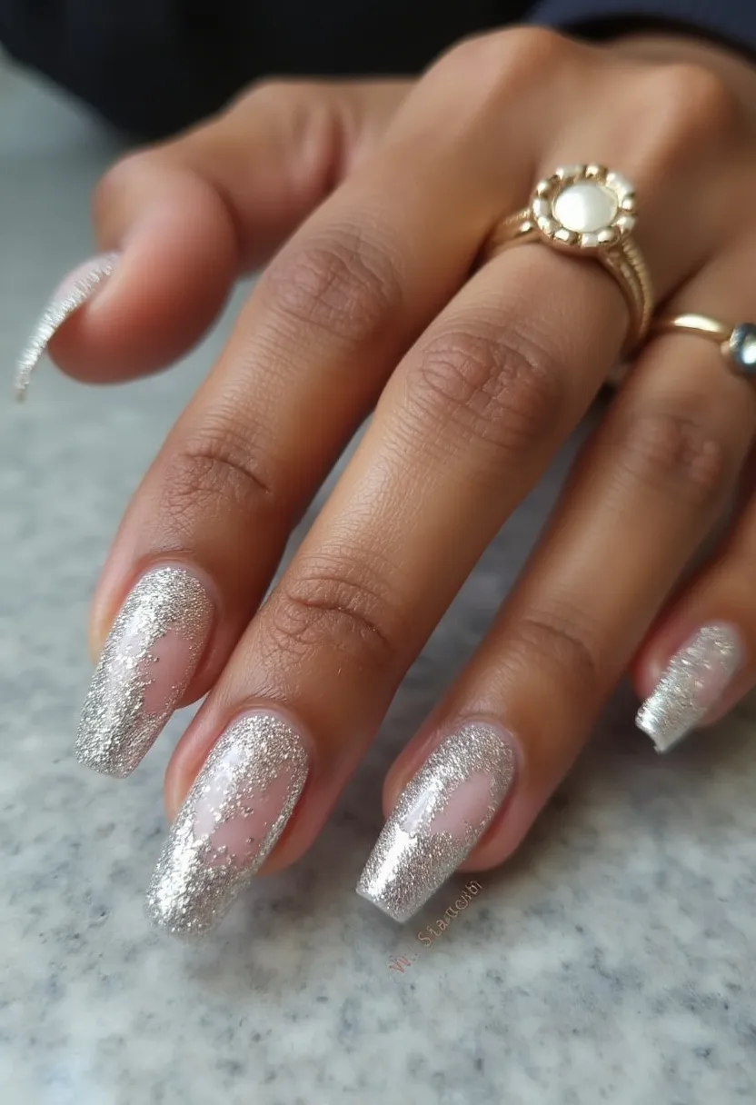 This nail design features a striking combination of pink and silver glitter in a subtle ombré effect. The nails are shaped in a long, elegant coffin style, which adds sophistication to the overall look. They are adorned with intricate silver glitter that densely covers the tips and delicately fades into the natural pink base, creating a dazzling and glamorous appearance. The treatment used for this manicure appears to be a combination of acrylic or gel, providing a glossy and durable finish. The silver glitter and shimmering effect make this nail design perfect for festive occasions such as New Year's Eve or winter holidays, adding a touch of sparkle and celebration to any outfit. The attention to detail in the gradient glitter application showcases skilled artistry and precision.