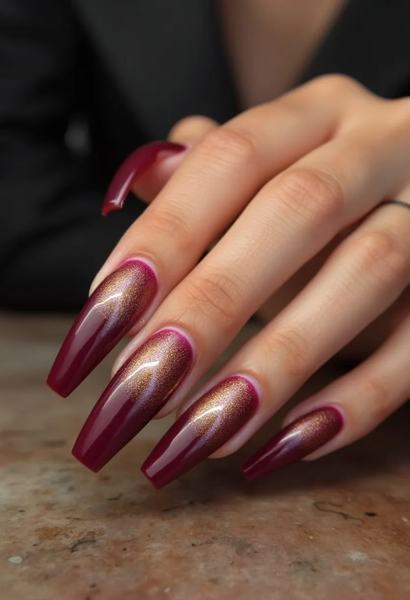 This nail design features a luxurious and elegant look with a coffin-shaped style. The color palette includes a rich, deep burgundy base that gracefully transitions into a shimmering, metallic gold gradient towards the cuticles. The nails exhibit a high-gloss finish, highlighting that the treatment is likely to be gel or shellac, designed to provide a long-lasting and chip-resistant sheen. The intricate ombre effect and metallic accents give the design a sophisticated feel, suitable for festive occasions or an elegant evening event. The meticulous blending of colors and the choice of a bold, dramatic shape add to the uniqueness of this nail art, making it a standout choice for those looking to make a statement with their manicure.