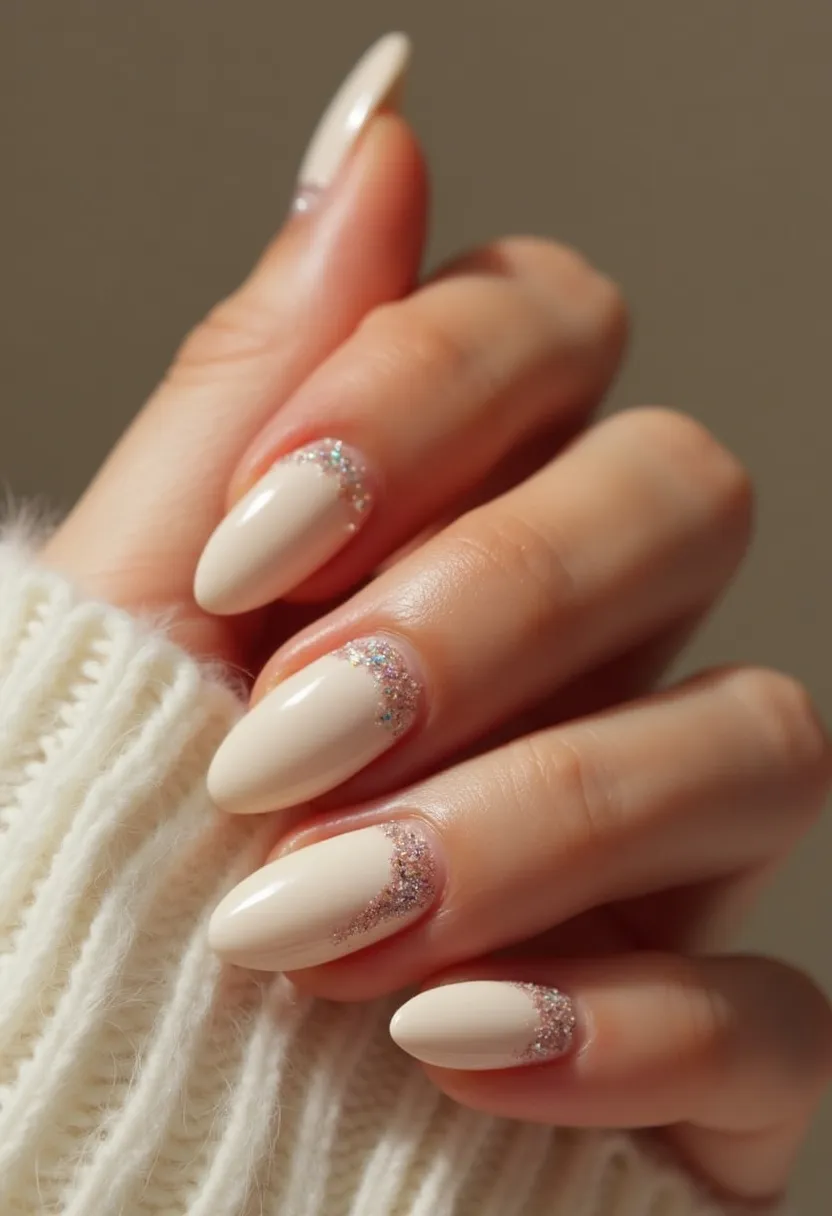 The nail design features a sophisticated and elegant look with an almond shape, giving the nails a stylish and elongated appearance. The primary color is a glossy creamy beige, and the nails are adorned with intricate decorations near the cuticles. These decorations consist of a glitter gradient using a mix of fine silver and holographic glitters, providing a subtle yet festive sparkle. This nail treatment appears to be done using gel polish, which offers a smooth and shiny finish along with durability. The combination of neutral tones with glitter detailing makes this design versatile, suitable for both everyday wear and special occasions, particularly those in the winter season, given the refined and cozy aesthetic.