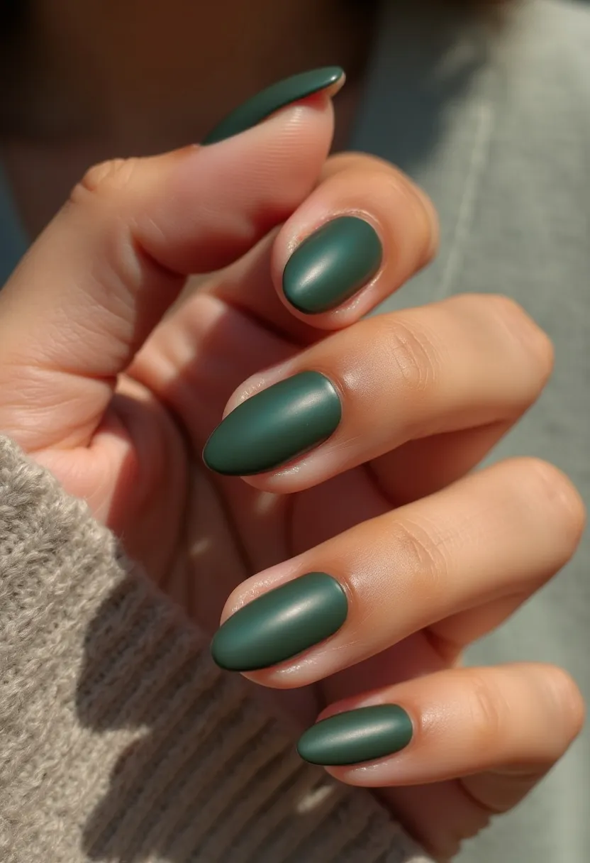 The nail design features a sophisticated and understated look with a matte finish in a deep, forest green color palette. The nails are shapely and feminine, adopting an almond shape that tapers gently to the tips. The smooth, even matte texture indicates that the treatment could be a gel polish designed for longevity and durability, preserving the matte elegance. There are no intricate patterns or additional decorations, allowing the color and texture to stand out on their own. This minimalist design is versatile and can be suitable for various occasions, particularly aligning well with the autumn season due to its earthy, rich hue.