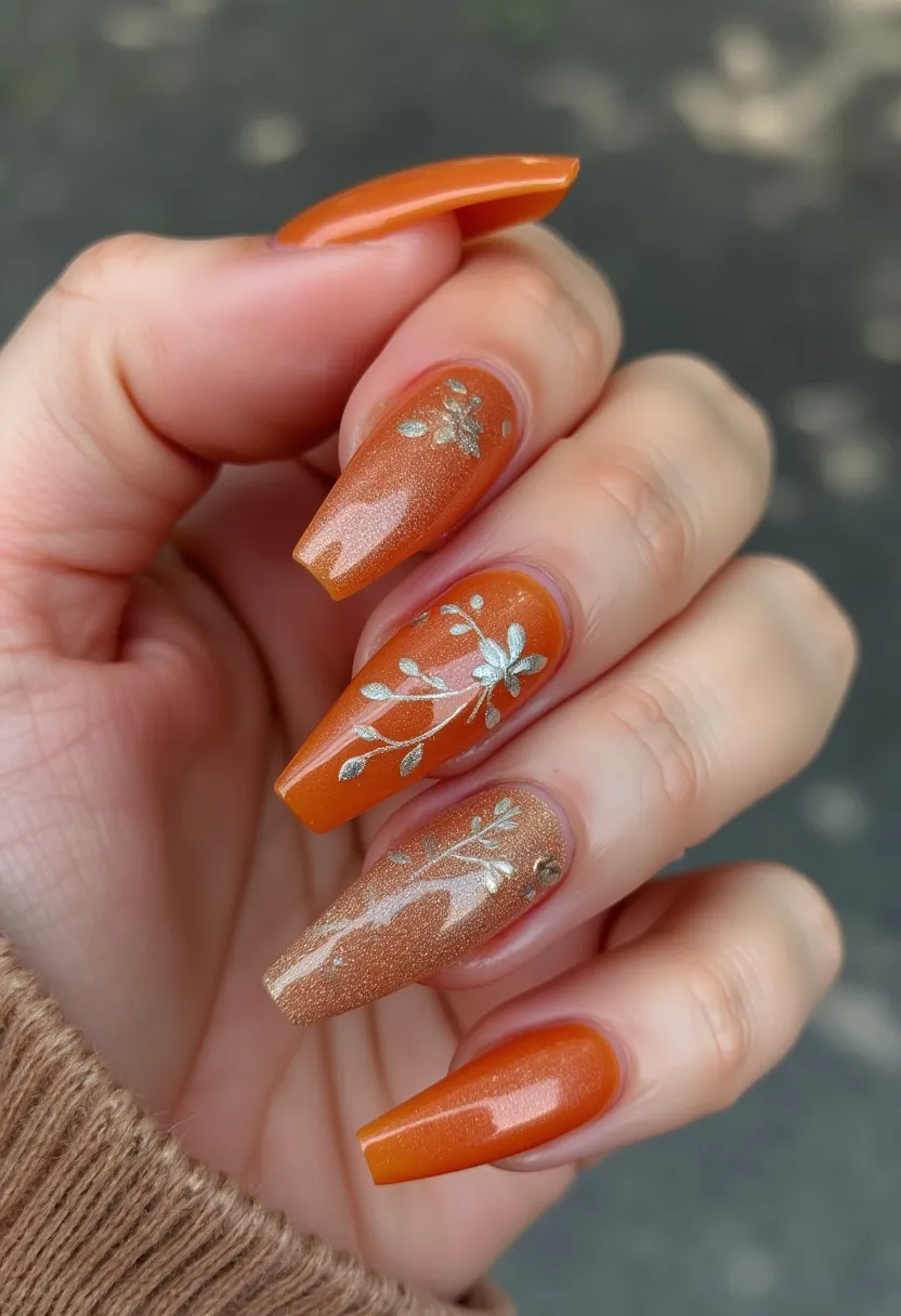 This nail design features a warm, autumnal color palette with shades of burnt orange and subtle bronze. The nails are shaped into a stylish, tapered coffin shape, providing a modern and elegant look. The design includes intricate silver floral patterns on multiple nails, which add a touch of femininity and sophistication. These patterns are complemented by a smooth and glossy finish, indicative of a gel or shellac treatment, ensuring durability and shine. One of the notable details is the incorporation of delicate silver leaves and vine motifs that create a cohesive, nature-inspired theme, ideal for the fall season or special autumn celebrations. Some nails also feature a gradient effect and a touch of glitter detail, enhancing the overall visual interest and appeal of the manicure.