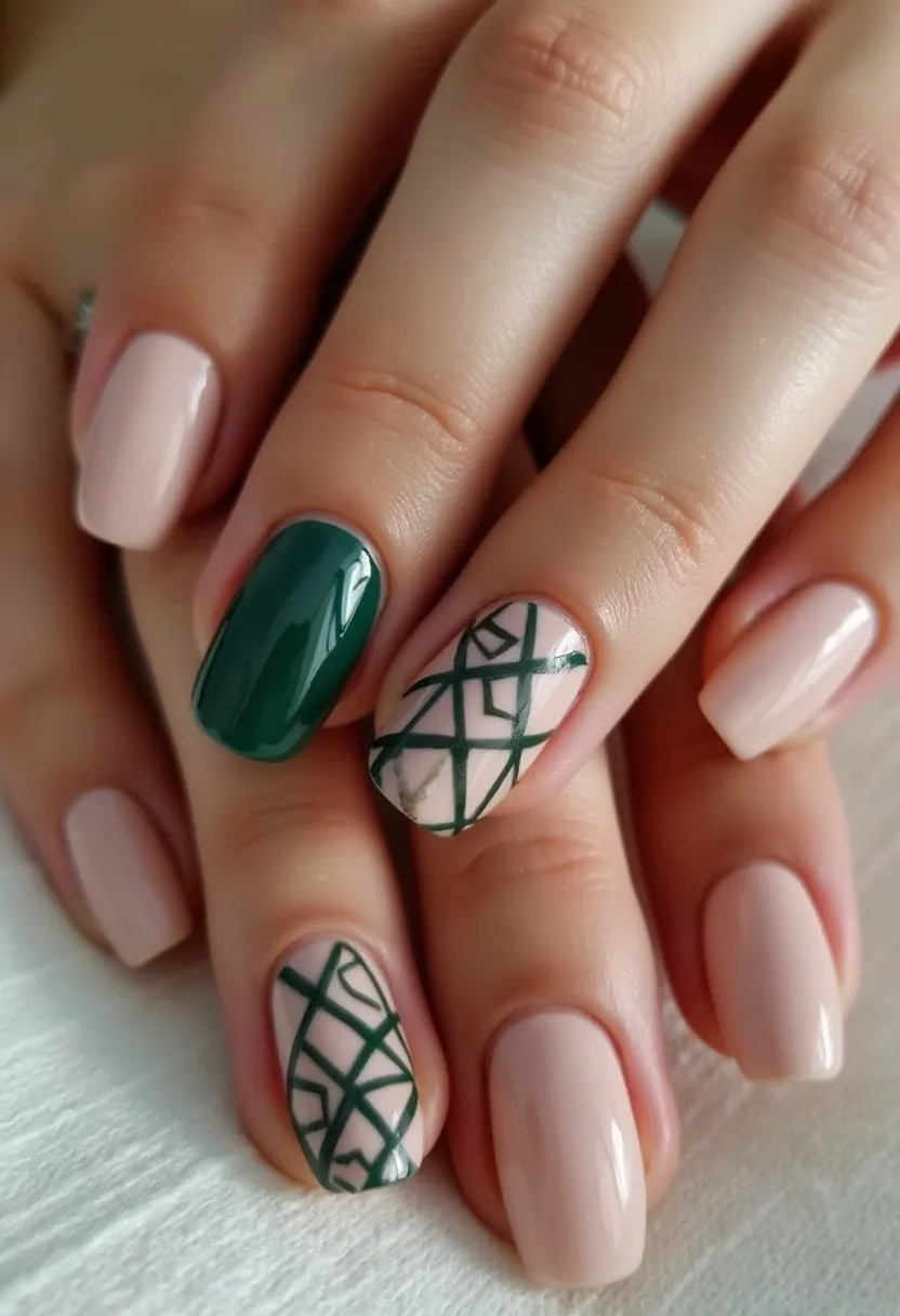 This nail design features a sophisticated combination of a neutral blush pink and a deep forest green color palette. The nails have a classic oval shape, enhancing the elegance of the design. The accent nails display intricate geometric patterns of green intersecting lines over a pink base, adding an artistic touch to the overall look. The application appears to be a gel treatment, given the high-shine finish. This design could be suitable for various occasions, from everyday chic to special events, and has a subtle yet festive feel that could complement a range of seasonal styles.