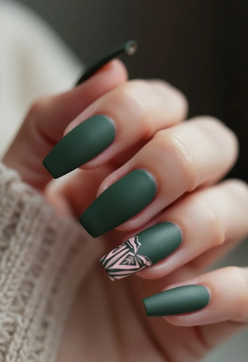 This nail design features a striking matte forest green color palette across all nails except for one accent nail, which showcases an intricate geometric pattern in black and white with green accents. The nails are long and shaped into a squared coffin style, contributing to a sophisticated and stylish appearance. The nail treatment used appears to be gel, giving them a smooth, polished finish. The geometric design on the accent nail adds a unique touch, making it suitable for a special occasion or simply as a fashion statement. The overall aesthetic of the nails resonates with a modern, trendy style, suitable for the fall or winter season due to its darker, earthy tones.