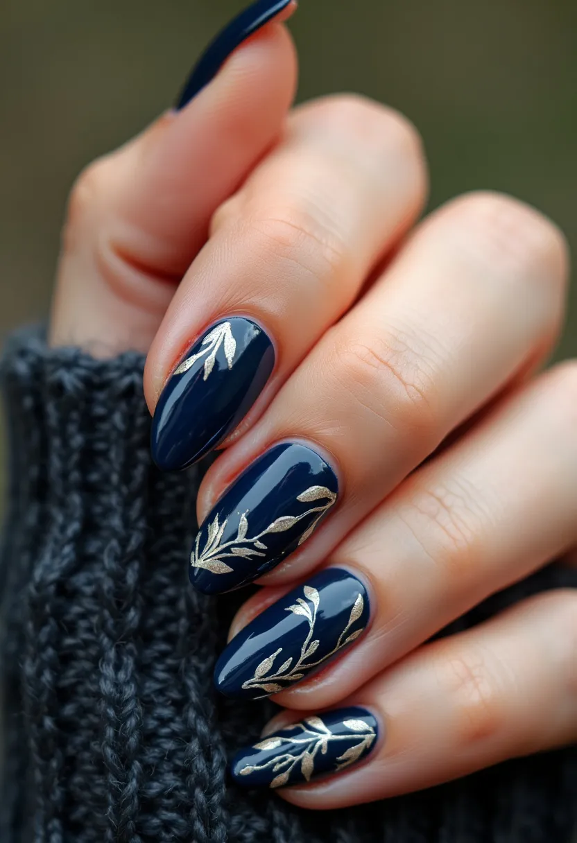 The nails in the image feature an elegant design with a deep navy blue color palette, creating a sophisticated and bold look. The nails are shaped in a smooth almond form, enhancing the length and natural contour of the fingers. Intricate gold leaf patterns adorn each nail, adding a touch of luxury and highlighting the rich blue background. The shiny finish suggests a gel treatment, providing a long-lasting and glossy sheen. This design is suitable for an autumn or winter theme, aligning well with festive and formal occasions due to its polished and refined appearance.