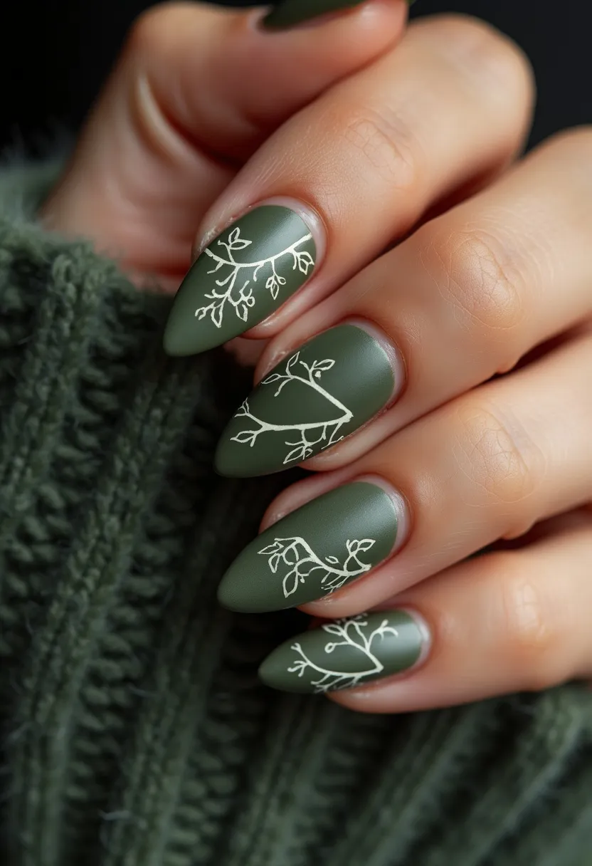 The nail design features an elegant and earthy color palette dominated by a matte olive green base. The nails are shaped into a pointed almond form, which adds a touch of sophistication. White intricate line patterns resembling delicate vines or branches decorate each nail, giving the design a nature-inspired theme. This type of nail treatment appears to be gel, providing a smooth and durable finish that ensures the design lasts longer without chipping. The overall look is simple yet artistic, making it suitable for the autumn season or special occasions that call for a subtle, nature-themed aesthetic. The matte finish of the nails complements the earthy tone, enhancing the overall elegance and understated charm of the design.