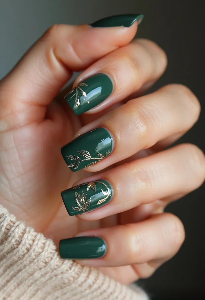 This nail design features a rich, dark green color palette, applied to nails of a medium square shape. The nails have a smooth, glossy finish, indicative of a gel or shellac treatment. The design includes intricate gold leaf patterns on some of the nails, adding a touch of elegance and sophistication. This design could be suitable for a variety of occasions, such as a fall event or a chic evening out. The overall look is both sophisticated and seasonal, making it a versatile and stylish choice.