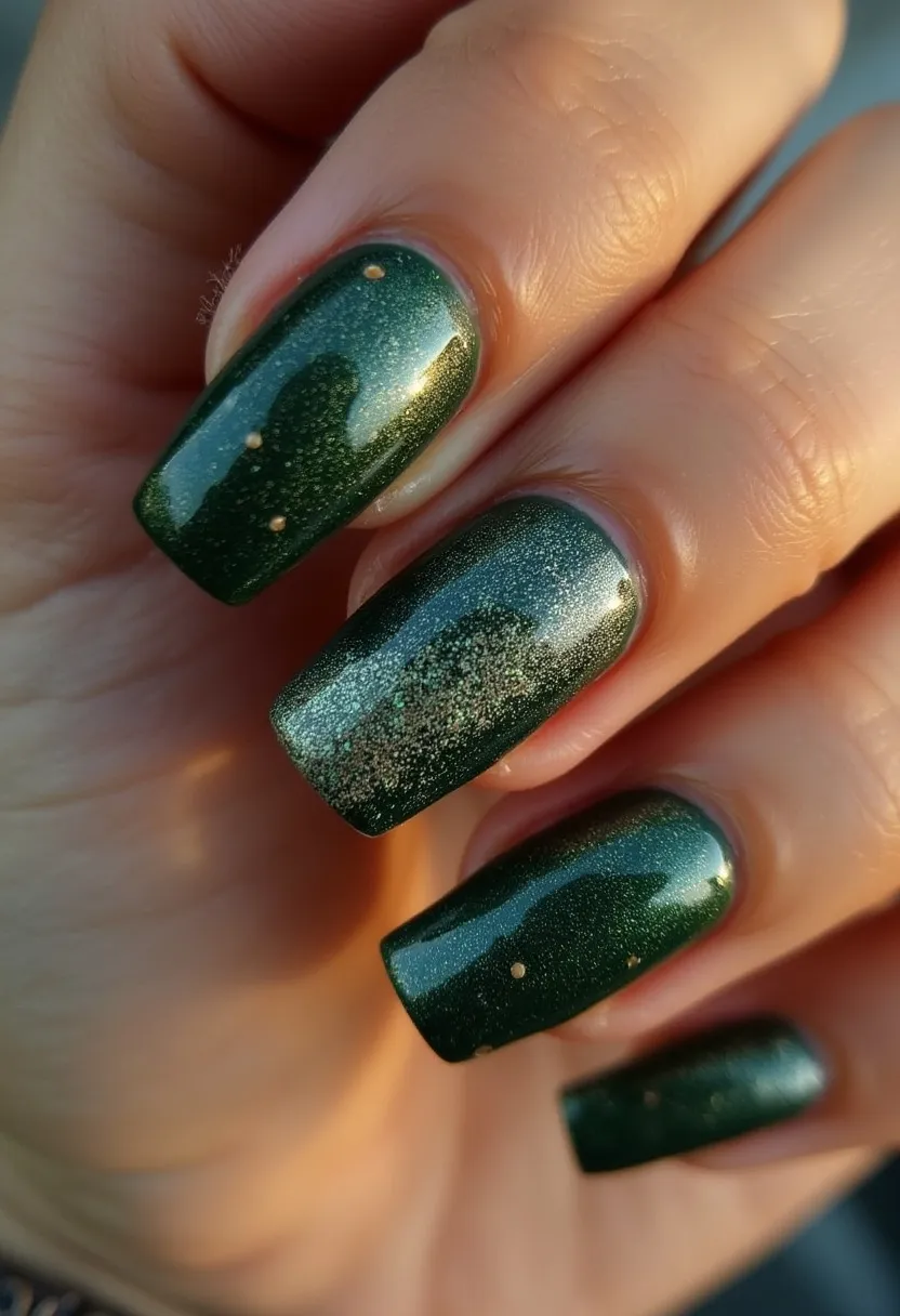 The nail design showcases a rich, deep green color with a glimmering finish, ideal for the fall or winter seasons. The nails are shaped in a square style, giving a bold and sophisticated look. Gold flecks are embedded within the polish, adding a touch of elegance and sparkle to the design. A notable feature is the accent nail on the ring finger, which includes a gradient of glitter transitioning from gold at the base to green at the tip, creating a festive, yet classy appearance. This design appears to be achieved using gel polish, lending a glossy and durable finish perfect for special occasions or holiday celebrations.