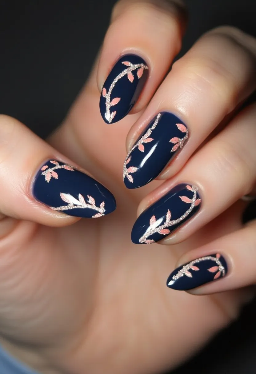 The nail design features an elegant display with a deep navy blue color as the base coat, complemented by almond-shaped nails that lend a sophisticated appearance. Intricate patterns of delicate branches, rendered in a shimmering silver tone, wrap around the nails, adorned with small, peach-colored leaves that enhance the nature-inspired aesthetic. This particular design appears to utilize gel polish, evident from the smooth, glossy finish that suggests durability and a professional application. The combination of dark hues with metallic and softer accents makes this nail art suitable for the autumn season, evoking a sense of understated elegance and natural beauty perfect for both casual and formal occasions.