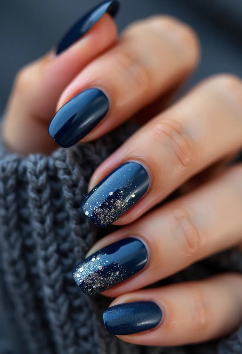 The nail design features a sophisticated, deep navy blue color palette, primarily utilizing a gel treatment for a glossy finish. The nails are shaped in a sleek coffin style, providing a modern and elegant appearance. Intricate patterns adorn a couple of nails with a stunning gradient of silver glitter, creating a gradient effect starting from the cuticle and gradually fading towards the tip. This touch of sparkle adds a dynamic and captivating allure to the overall design. The design is befitting for the winter season or festive occasions, adding a touch of glamour and sophistication to the look.