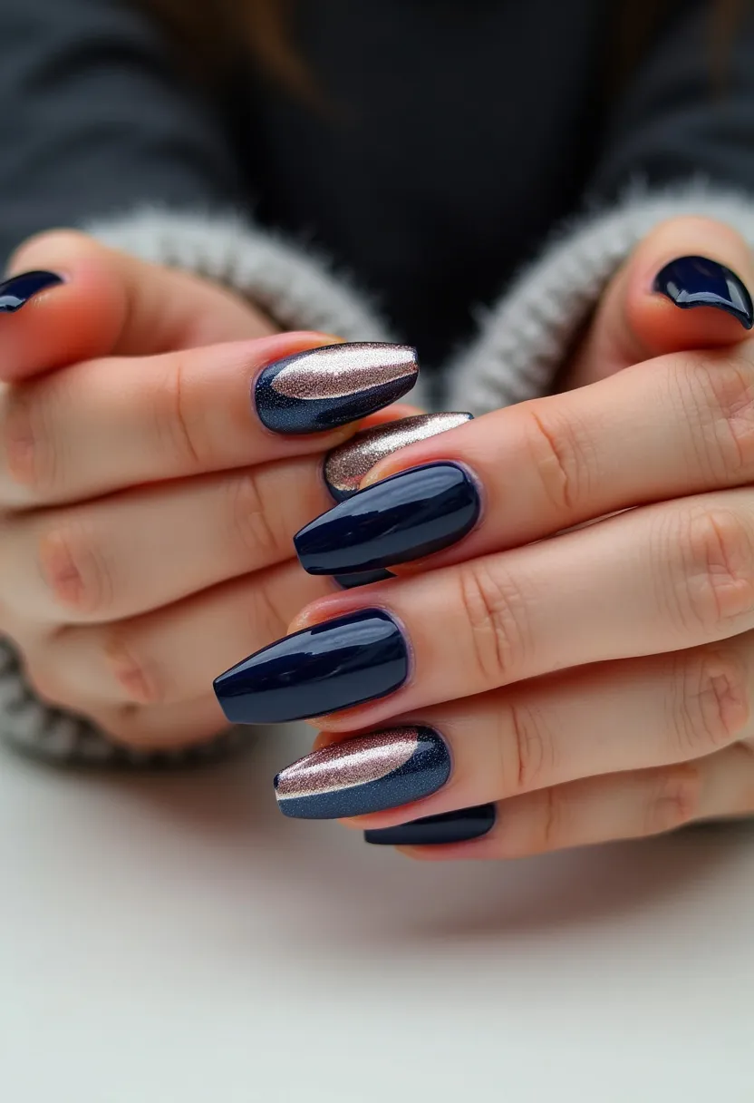 The nail design features a color palette dominated by dark blue and glittery bronze shades. The nails are of a medium length and exhibit an almond shape, which is both stylish and functional. Some nails are purely painted with a high-gloss dark blue polish, while others showcase a sophisticated pattern combining dark blue and a shimmering bronze in an elegant, wavy design. This nail treatment appears to be gel-based, given the shine and smooth finish. The overall design is chic and versatile, suitable for various occasions, possibly reflecting a festive or evening theme due to the glittery accent and dark tones.