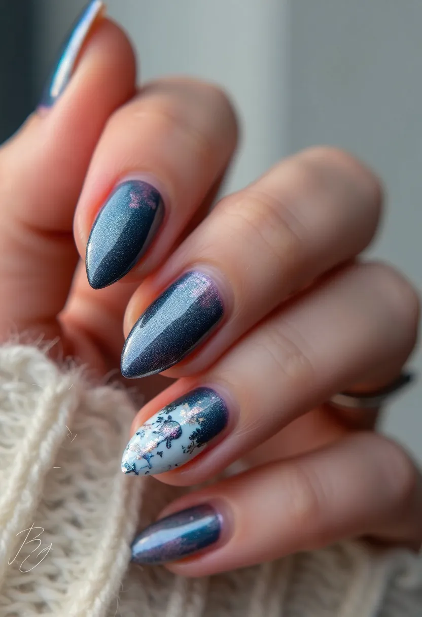 The nail design showcases a sophisticated and seasonal palette dominated by deep metallic blue tones with hints of purple, complemented by a contrasting white accent. The nails are shaped into a sharp almond profile, giving them an elegant and elongated appearance. Intricate patterns are present, including delicate floral motifs on the white accent nail, providing an artistic and detailed touch. The blue nails have a soft gradient effect, incorporating slight shimmer, possibly highlighting a gel or shellac treatment to achieve the smooth, glossy finish. Overall, the design reflects a winter or early spring theme, making it fitting for special occasions during these seasons.