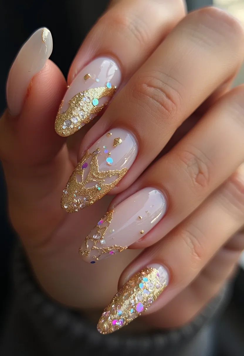 The nail design features an elegant and opulent look, using a color palette dominated by gold and a sheer, natural base. The nails are almond-shaped and exhibit intricate gold patterns and glitter, including gold foil and holographic hexagonal glitters that reflect multiple colors. The type of nail treatment appears to be gel nails, which provides a high-gloss, smooth finish suitable for detailed designs. Unique details include delicate, lace-like gold designs that cover the tips in a gradient manner and additional 3D embellishments adding texture and dimension. This nail design is perfect for special occasions, such as weddings or festivities, embodying a luxurious and celebratory theme.