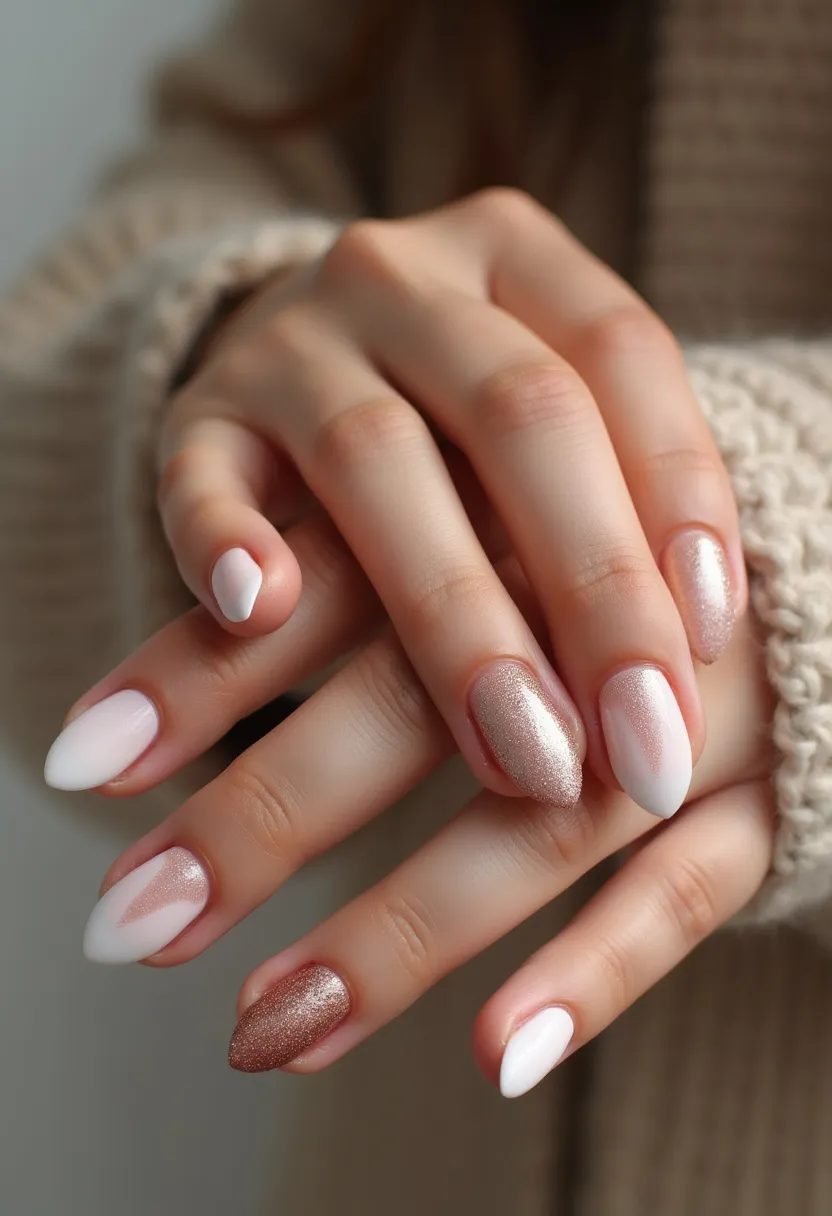 The nails feature an elegant and sophisticated design, with a color palette primarily consisting of white and various shades of rose gold. The nails are shaped in an almond style, giving them a sleek and elongated look. The design includes a mix of solid white nails and nails adorned with rose gold glitter, creating a striking contrast. Some nails incorporate a gradient effect with the rose gold glitter blending seamlessly into the white base, adding a touch of glamour. The treatment appears to be a blend of gel or shellac, as indicated by the glossy and smooth finish. This nail design is well-suited for special occasions or festive events, showcasing a harmonious blend of simplicity and sparkle.