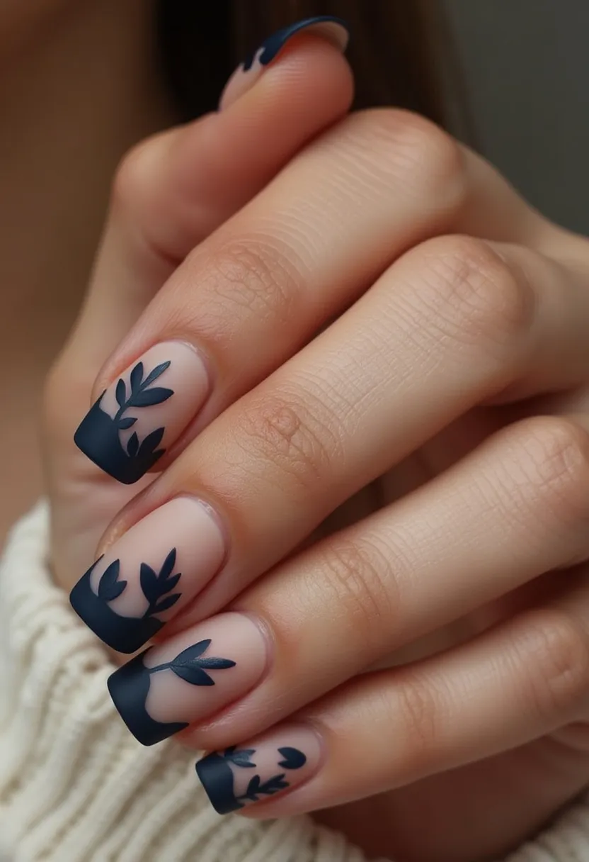 The nail design features a matte navy blue color palette applied to a light nude base, creating a striking contrast. The nails are shaped in a squared-off manner, providing a structured and clean look. Each nail is decorated with intricate navy blue botanical patterns, incorporating leaves and natural motifs that extend from the tips. This design appears to be achieved with gel polish, noted for its durability and glossy finish. The design can be versatile, suitable for any season, but the botanical elements might add a subtle nod to autumn or spring themes. The nails exude an elegant yet understated charm, perfect for both everyday wear and special occasions.