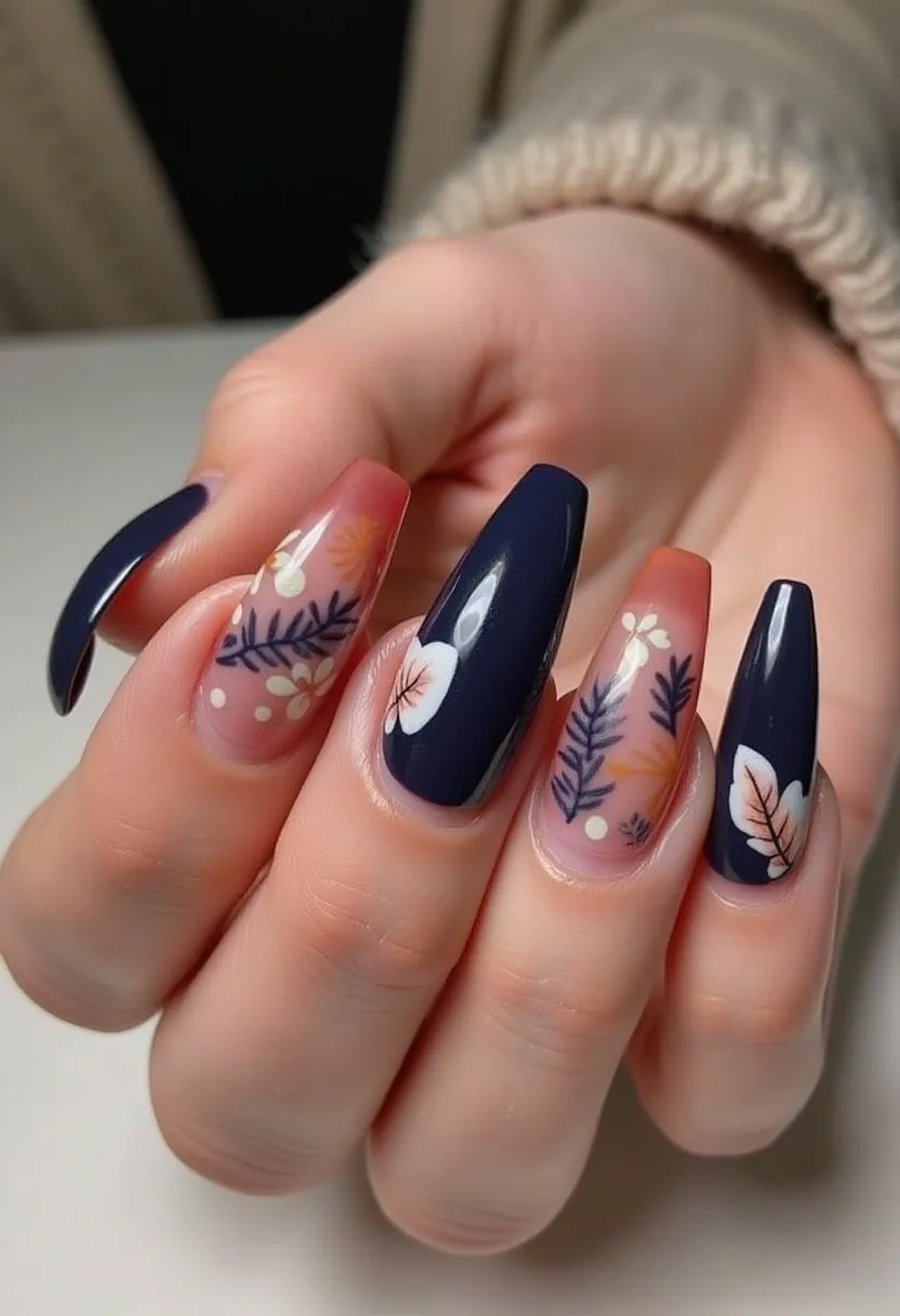 The nail design features a sophisticated and elegant palette comprising deep navy blue and a translucent nude pink base with intricate floral patterns in white, orange, and various shades of blue. The nails are shaped in a graceful almond or ballerina style, providing a refined appearance. The design is likely achieved using gel or acrylic treatment for durability and a glossy finish. The intricate floral patterns exhibit delicate leaves and small flowers, adding a touch of nature-inspired elegance. This design is ideal for autumn, given the earthy and muted tones, and could be suitable for special occasions like weddings or formal events due to its intricate and polished details.