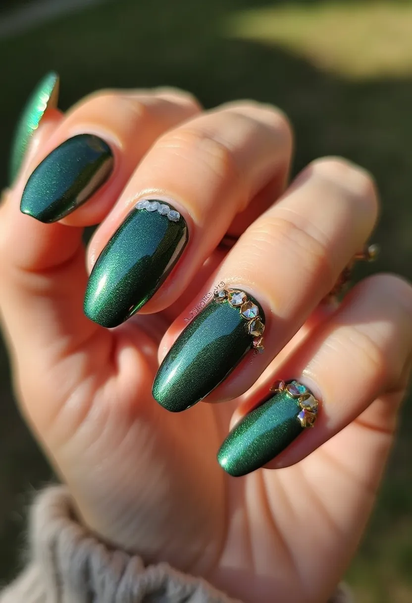 The nail design features a rich, emerald green color palette with a subtle shimmer, creating a sophisticated and festive look. The nails are medium length with an almond shape, emphasizing elegance and a refined style. They are adorned with intricate patterns at the cuticle area, including silver and gold rhinestones, adding a touch of glamour and making them suitable for special occasions or holiday celebrations. The smooth, shiny finish suggests the nails have undergone a gel treatment, ensuring durability and long-lasting wear. The overall design, combining festive colors and sparkling accents, makes it perfect for a celebratory or seasonal event.