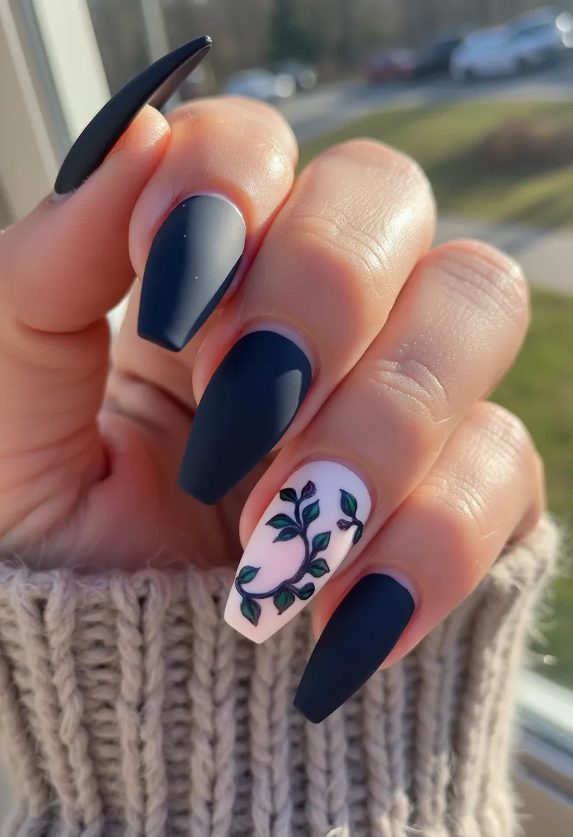 This nail design features a deep navy blue color palette with an accent nail. The nails are stiletto-shaped and have a matte finish, likely achieved with either gel or acrylic treatment. The accent nail is adorned with an intricate pattern of green and dark blue leaves on a white base, giving it an elegant and sophisticated look. The design does not seem to follow a particular seasonal theme, making it suitable for various occasions. The contrast between the matte blue and the glossy accents on the patterned nail creates a unique and eye-catching effect.