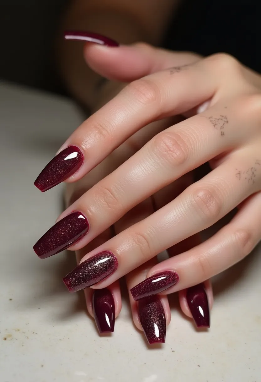 The nail design features a deep burgundy color palette with a subtle shimmer, giving a sophisticated and elegant look. The nails are shaped in a modern coffin or ballerina style, which adds to the chic aesthetic. This nail design seems to be achieved using gel polish, noted for its glossy and durable finish. An accent nail on each hand showcases a slightly different shimmery pattern, adding an extra touch of glamour. The design is versatile and suitable for various special occasions, particularly winter events and holiday seasons, due to its rich and festive color scheme. The overall effect is polished and refined, making it a standout choice for those seeking a stylish yet classic nail design.