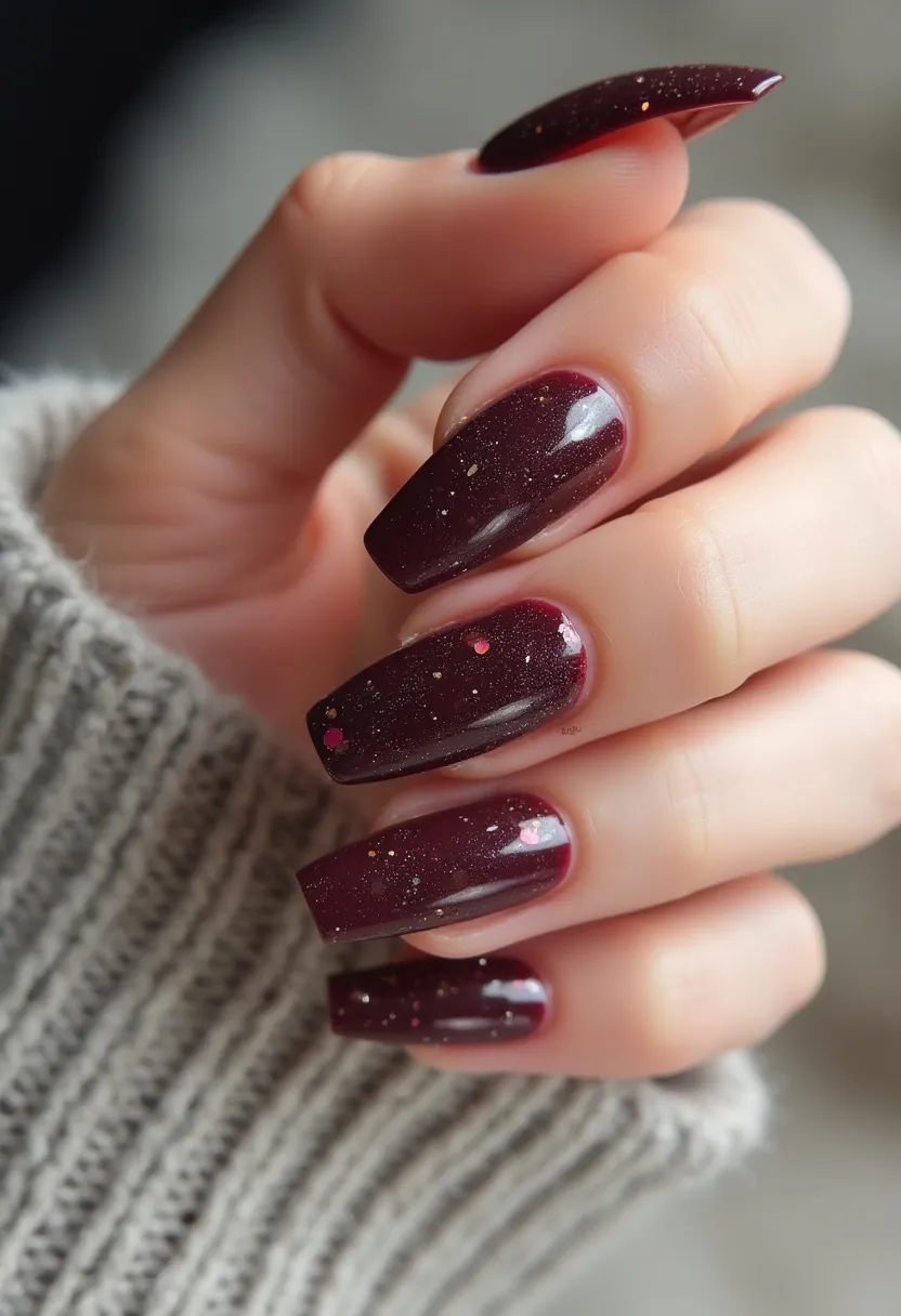 The nail design features a rich, deep burgundy color palette with a glossy finish, indicating a likely gel or shellac treatment for durability and shine. The nails are medium to long in length and shaped in a squared oval or "squoval" style, providing a modern yet elegant look. The design is accentuated with fine gold glitter and sparse heart-shaped decorations, adding a subtle festive touch, possibly suitable for a romantic occasion like Valentine's Day or the holiday season. The overall effect is sophisticated and timeless, with a touch of sparkle for added glamour.