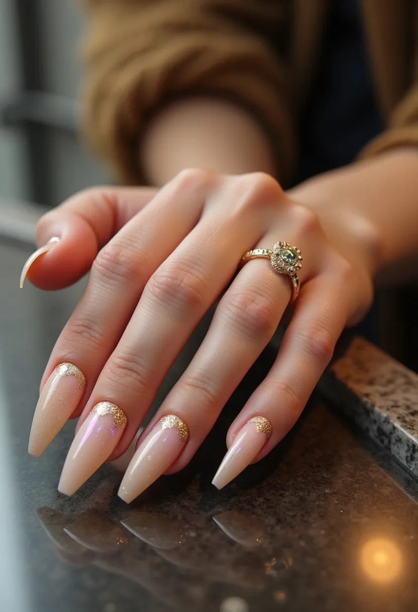 The nail design features a sophisticated and elegant look with a color palette consisting of a soft, nude base complemented by a touch of glittering gold. The nails are long and shaped into a sharp stiletto style, making a bold fashion statement. Each nail is adorned with a half-moon of fine gold glitter near the cuticle area, adding a luxurious and festive detail. The treatment appears to be gel, which gives the nails a smooth and glossy finish. This design could be suitable for special occasions or festive seasons, given the glamorous and eye-catching use of glitter.