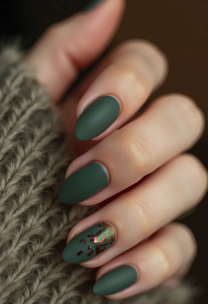 This nail design features a matte green color palette, with the nails shaped in an almond form. An intricate decoration is present on the ring finger nail, where a shimmering, iridescent effect is adorned with red and gold foil-like patterns near the cuticle area. The combination of the matte green with the bright, festive embellishments suggests a refined and elegant style, ideal for seasonal themes such as Christmas or other winter festivities. The finish appears to be a gel treatment, offering a smooth and long-lasting effect. The glossy, sparkling accent on the ring finger adds a unique, eye-catching detail to the overall design.